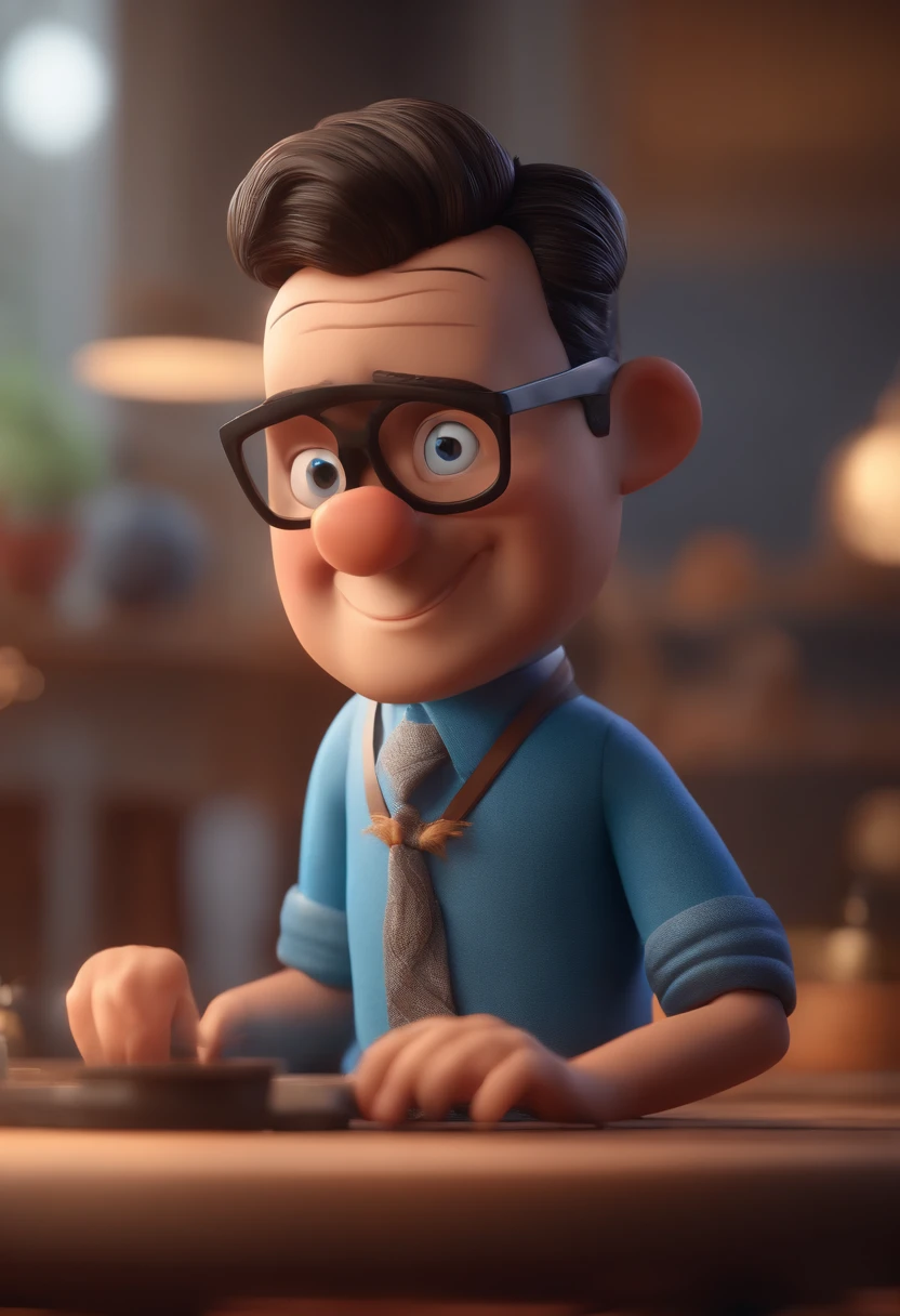 Cartoon character of a man with black glasses and a blue shirt, animation character, Caractere estilizado, animation style rendering, 3D estilizado, Arnold Maya render, 3 d render stylized, toon render keyshot, Personagem 3D, Personagem 3D, 3d rendering stylized, 3 d character render, personagem de desenho animado, Personagem de close up, Pose de personagem, (Estilo Pixar) (master part:1.2) (Bokeh) (best quality) (pele detalhada) (textura detalhada) (8k) (argila) (Cinematic lighting) (foco nítido