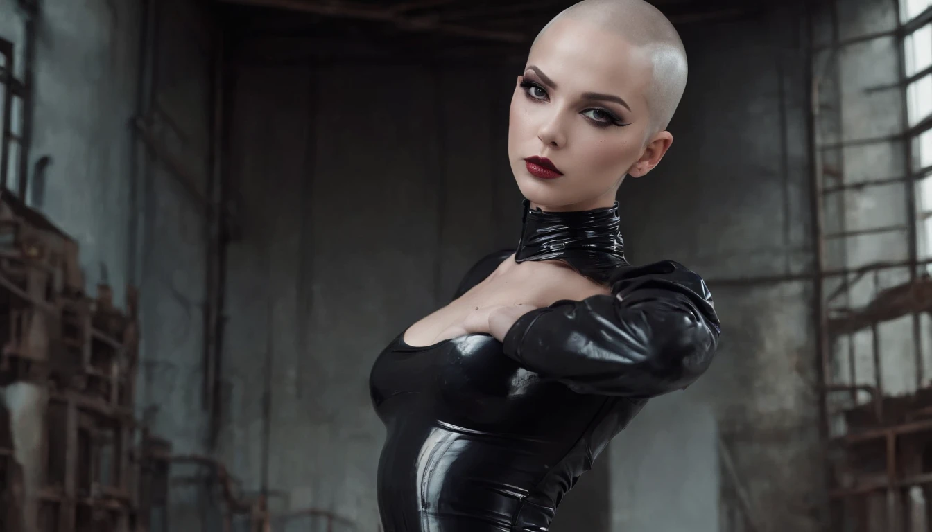 Shaved head woman dressed in latex leotard posing for a photo in an abandoned factory, black make-up, industrial fashion, techno fashion, industrial aesthetic, dark techno, dark atmosphere, ultra detailed, photorealistic, masterpiece.