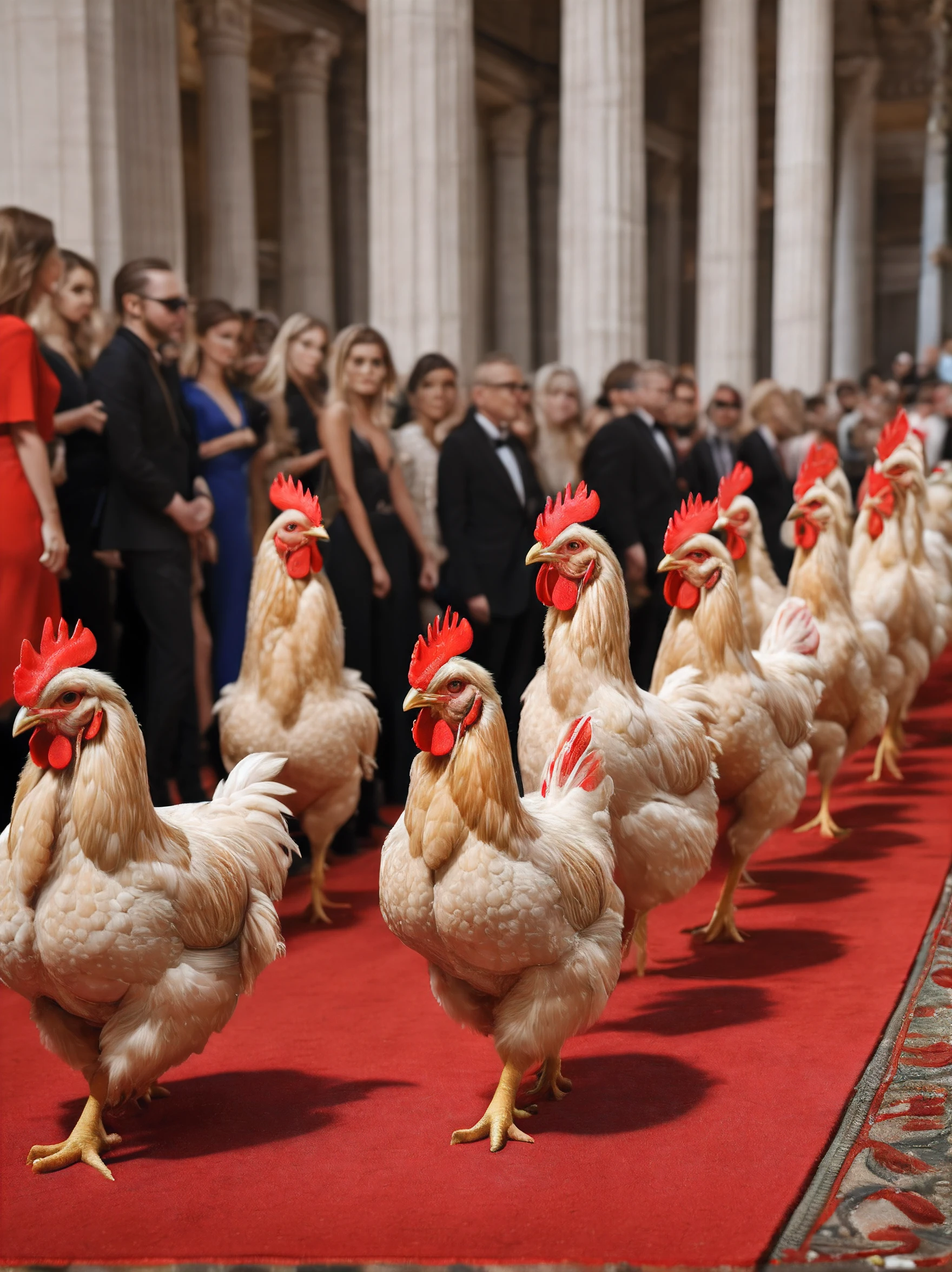 photo realisitic, a parade of fashion show, chickens  line up in intricate dress walking in red carpet