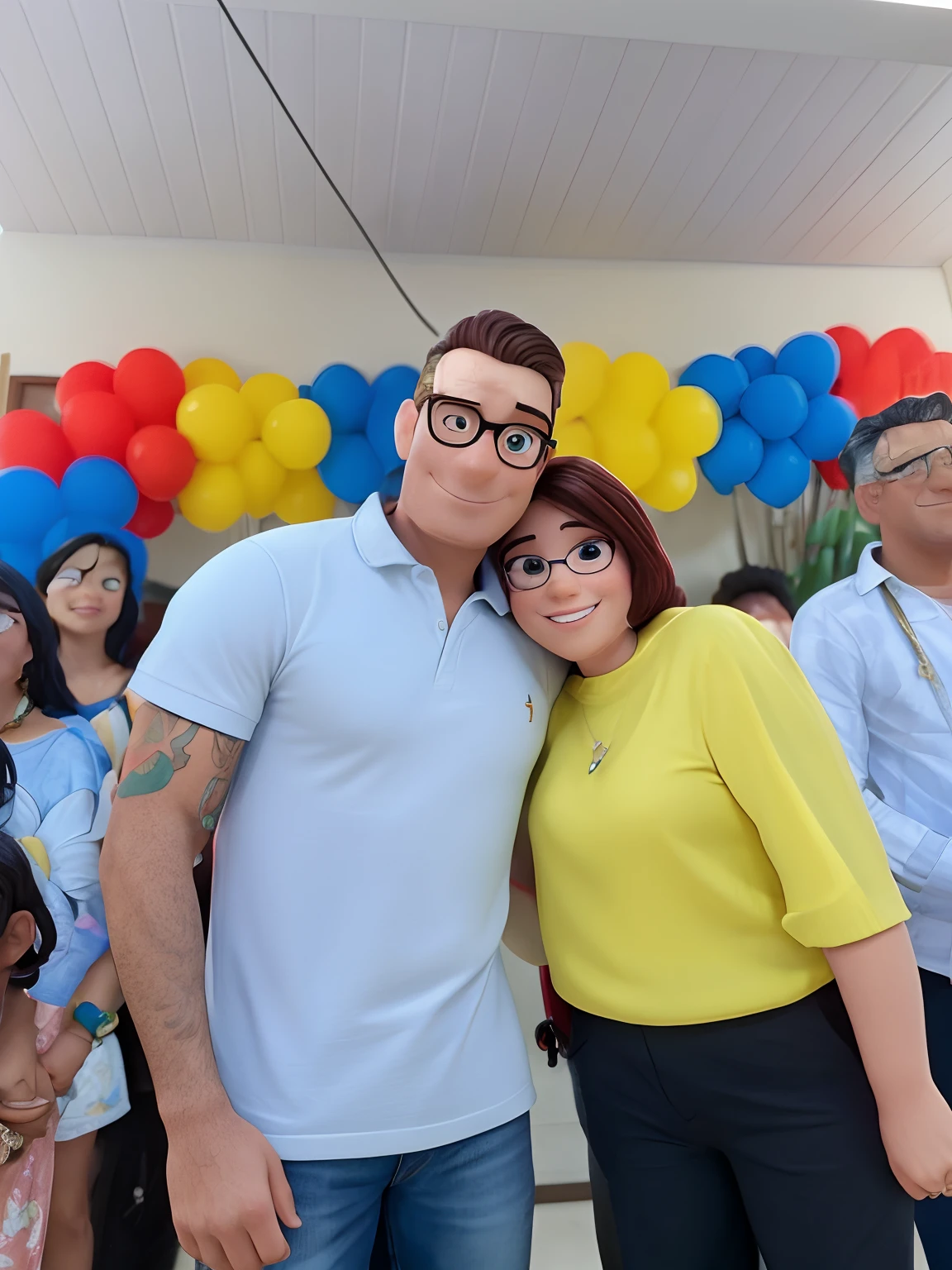 Apu de los simpson con tres cabezas, in front of him a bald, gray-haired man with glasses, en bikini; Next to him is Ned Flanders with a big baseball glove; On top of a bench is Marge Simpson, con vestido azul y pelo verde y latas azules en su pelo, sosteniendo un rodillo y molesta; behind Marge a man with a red tie and blue shirt with a penguin on his head; next to Marge a with a black beard; al lado, a crocodile dressed in a brown suit; behind the crocodile, a woman in a purple suit and spring collar; al lado del cocodrilo, Homero Simpson, musculoso y sentado con una pierna sobre la otra; behind homer, un hombre con una flor en la oreja. El fondo azul claro con una gran ventana circular en el techo, una puerta de madera en el centro, un piso negro y un recuadro en la pared derecha.