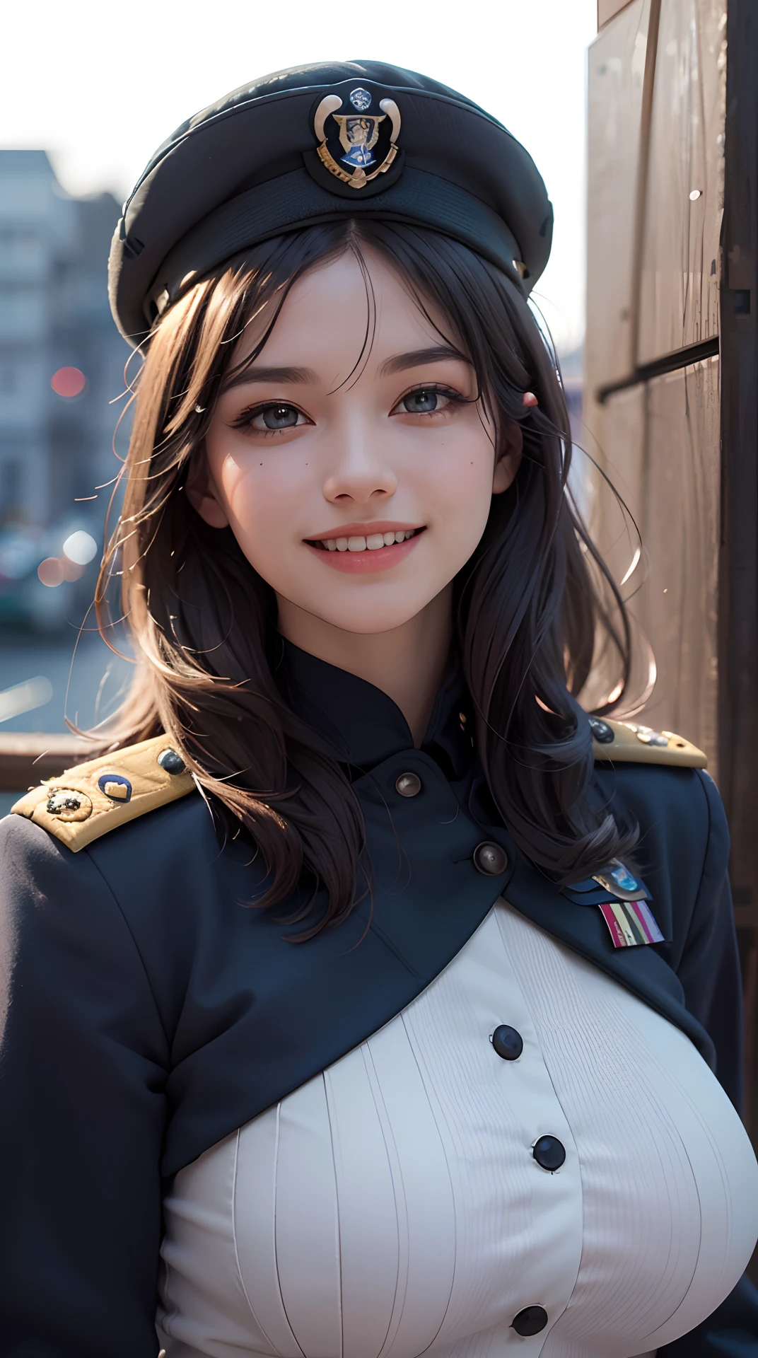 (best quality, 4k, 8k, high-res, masterpiece:1.2), ultra-detailed, (realistic, photorealistic, photo-realistic:1.37), (beautiful detailed eyes, beautiful detailed lips, extremely detailed eyes and face), studio lighting, physically-based rendering, vivid colors, (big tits, super big tits, super extra big tits), ((waist)), (military or naval uniform, hat:1.5), (soft lighting, lowlight lighting), (portrait, smile and laugh), (port:1.5),
