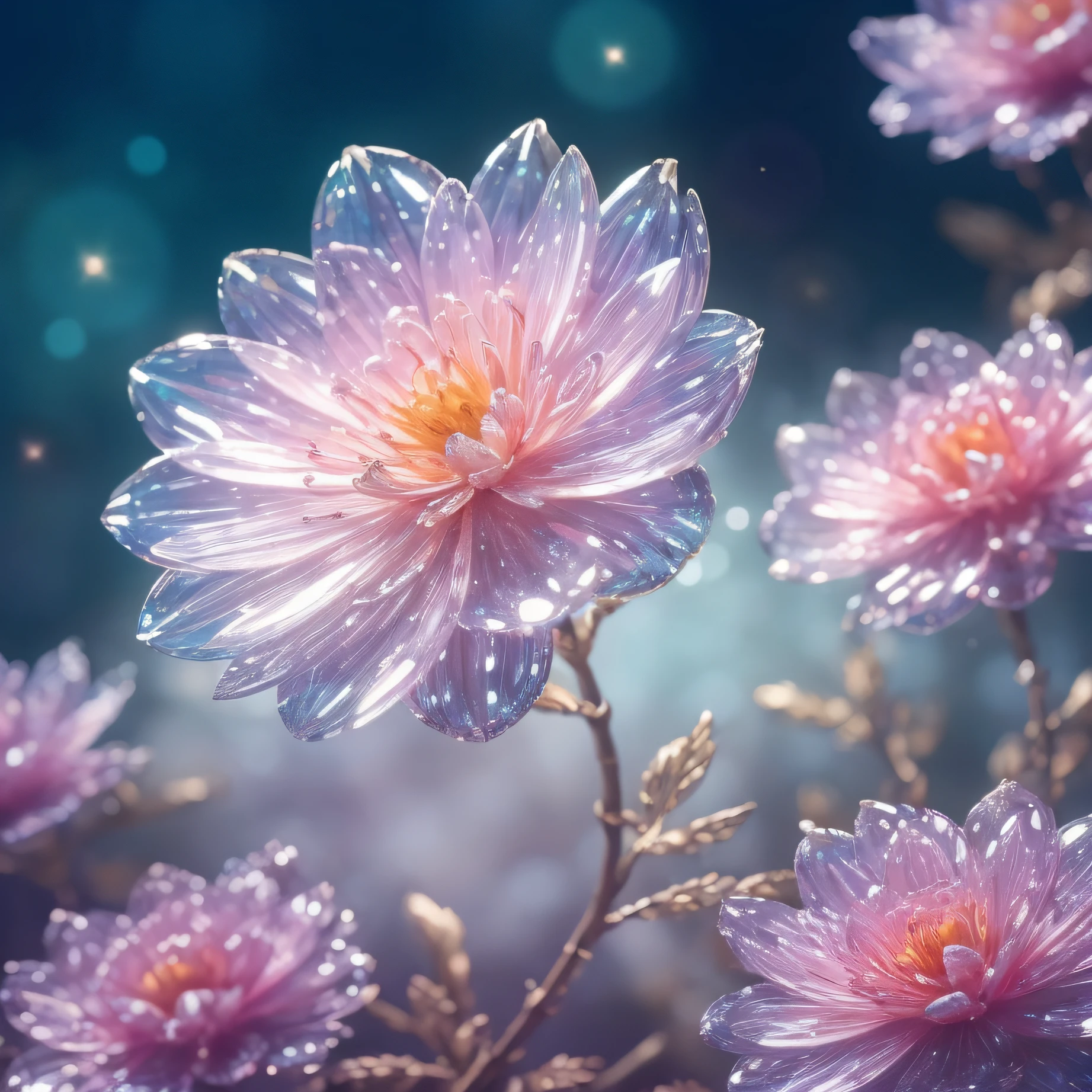 crystal blossom flower,
fantasy, galaxy, transparent,
shimmering, sparkling, splendid, colorful,
magical photography, dramatic lighting, photo realism, ultra-detailed, 4k, Depth of field, High-resolution