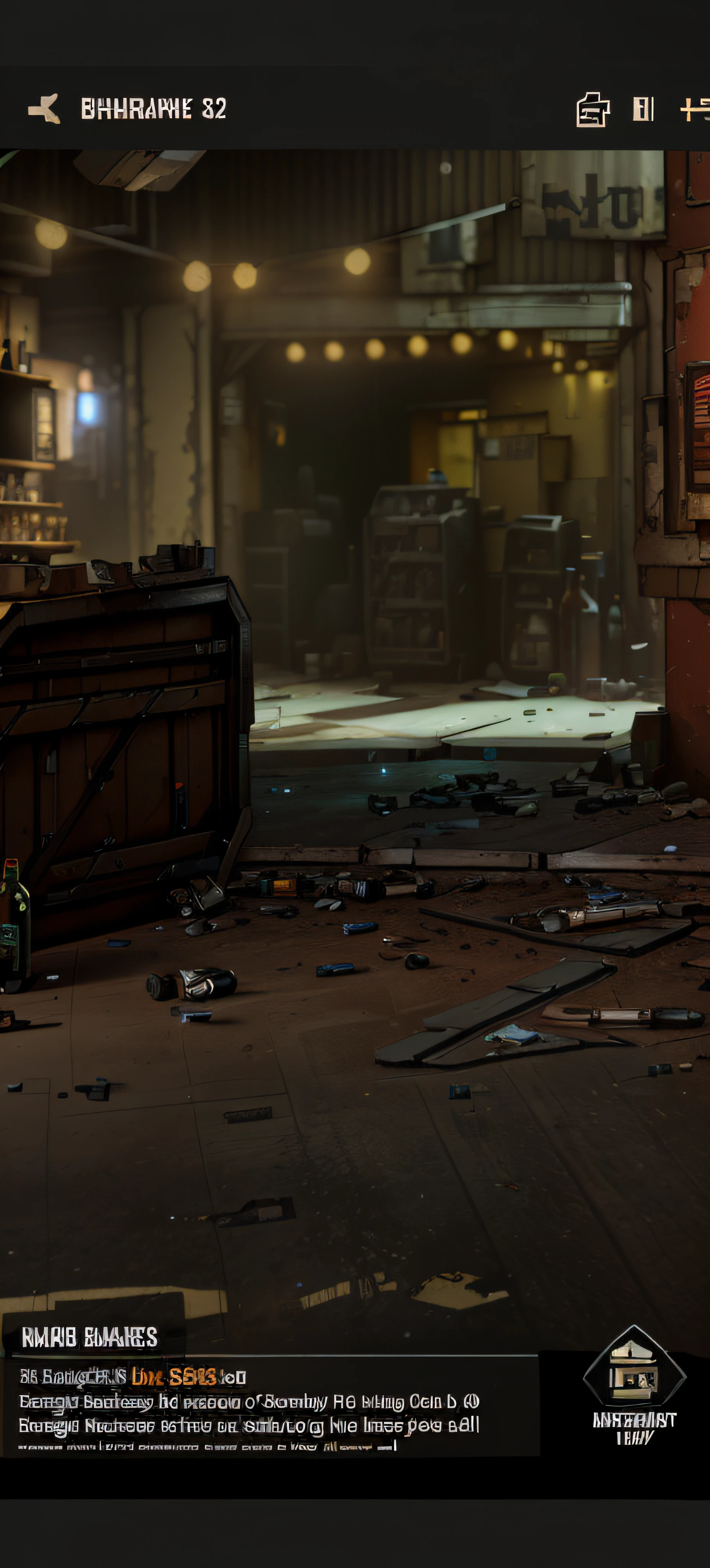 Shabby bar interior scene, Wine bottles and some clutter on the ground, Detailed textures and lighting, a screenshot of a rusty, borderlands 4k render, discarded mechsuit in background, A story from the Borderlands, intricately details. illusory engine, rendered in unreal engine 3, scattered props, detailed cinematic shot, loot box, borderlands 3