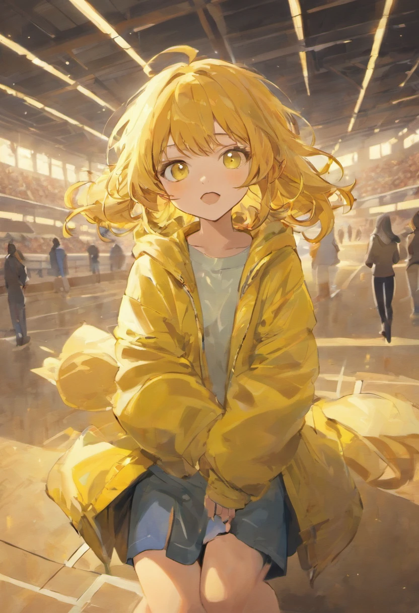 On the sports field, a yellow-skinned, long, curly-haired, freckle-prone girl jumped up in sportswear and held an English book in one hand，Thick coat，The light and shadow are intense