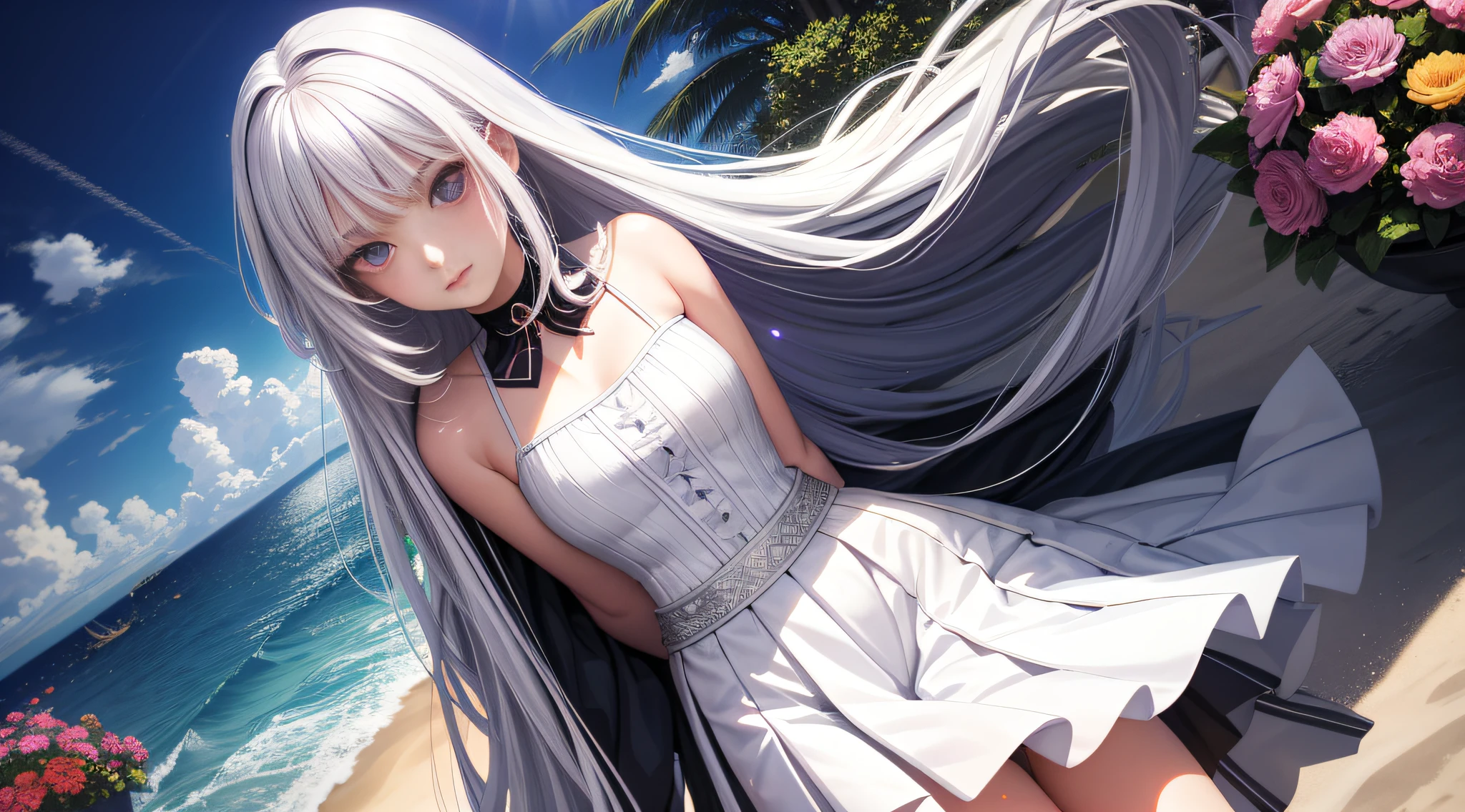 (best quality), 1girl, female, pale skin, white hair, long hair, swept bangs, straight hair, blue eyes, perfect eyes, slender, flat chest, shy, skirted one-piece swimsuit, beach, masterpiece, anatomically correct, highres