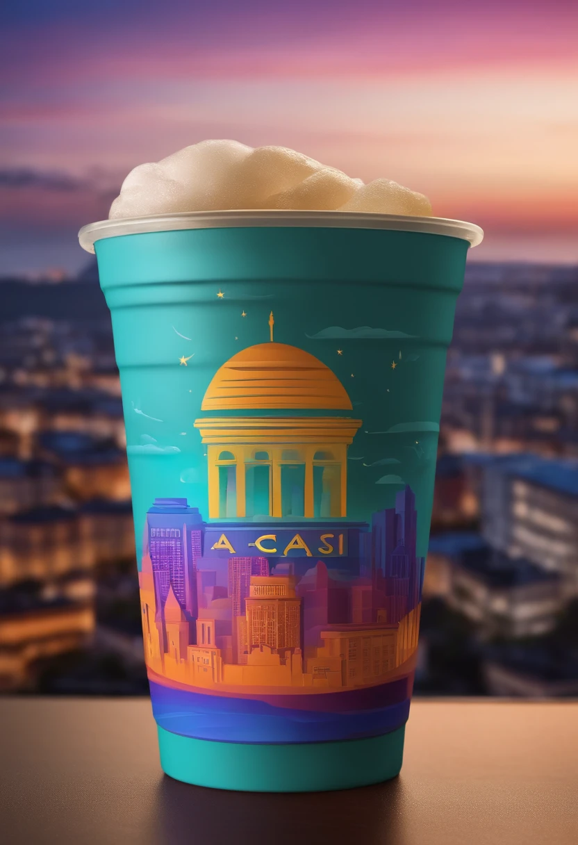 3d logo on a plastic cup with the name "Açaí from the Northeast " On top of a city with buildings