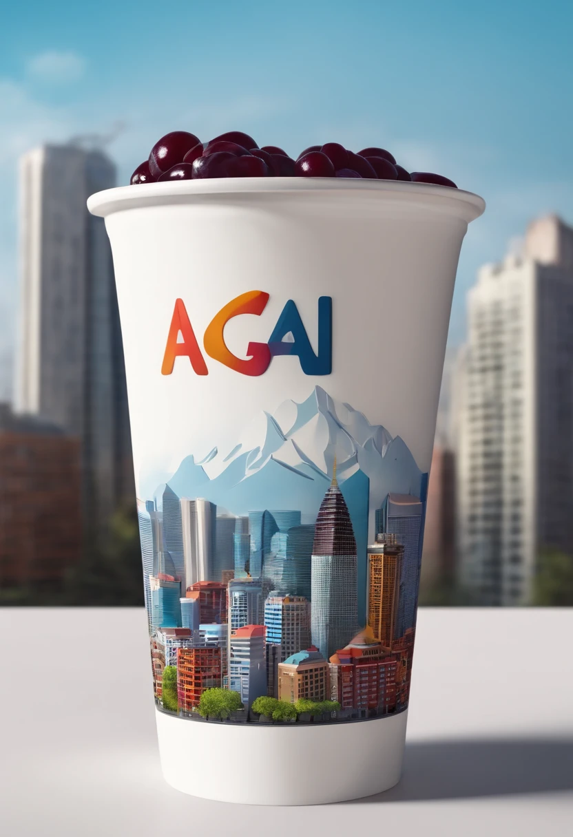 3d logo on a plastic cup with the name "Açaí from the Northeast " On top of a city with buildings