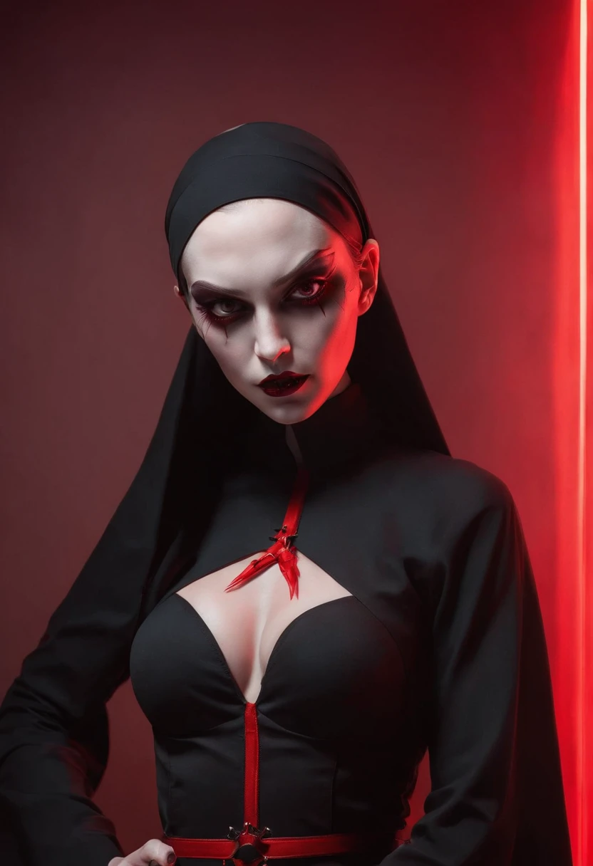 Sexy demonic nun posing for a photo, usando lingerie, mulher nua, corpo sem roupa, peito grande, Coxas grandes, Slender waist kissing another nun
exhibition, mostrando o peito, red neon lights, fundo vermelho nua lesbica