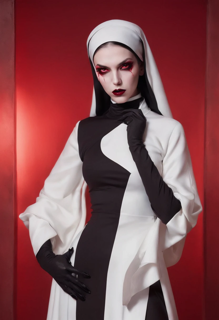 Sexy demon nun posing for a photo, body without clothes, big chest, big thighs, thin waist
pussy showing, chest showing, red neon lights, red background, darksynth aesthetic, fashion aesthetic fetish, Perfect Body, Sexy Pit, woman demon, gothic fashion, gothic aesthetic, vampire aesthetic.