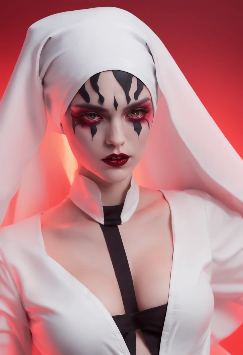 Sexy demon nun posing for a photo, body without clothes, big chest, big thighs, thin waist
pussy showing, chest showing, red neon lights, red background, darksynth aesthetic, fashion aesthetic fetish, Perfect Body, Sexy Pit, woman demon, gothic fashion, gothic aesthetic, vampire aesthetic.