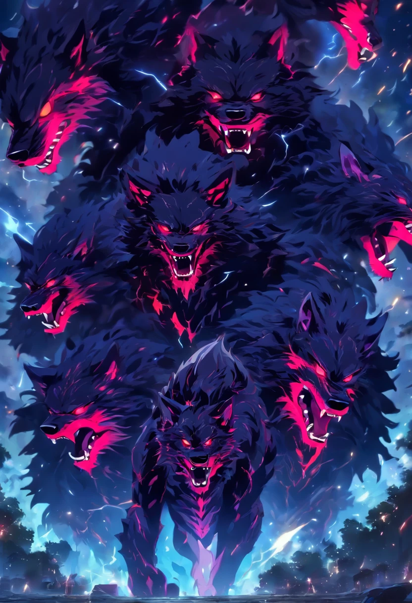 Strange monsters in a fantasy world,Three-Head Wolf,Strong limbs,Covered in Thunder,Blood,Covered with thick spikes,Moon Night,中景 the scene is,Full body like, highly detailed surreal vfx,oc rendered,Shot with 70 mm - AR 16:9 --q 2 --s 1000