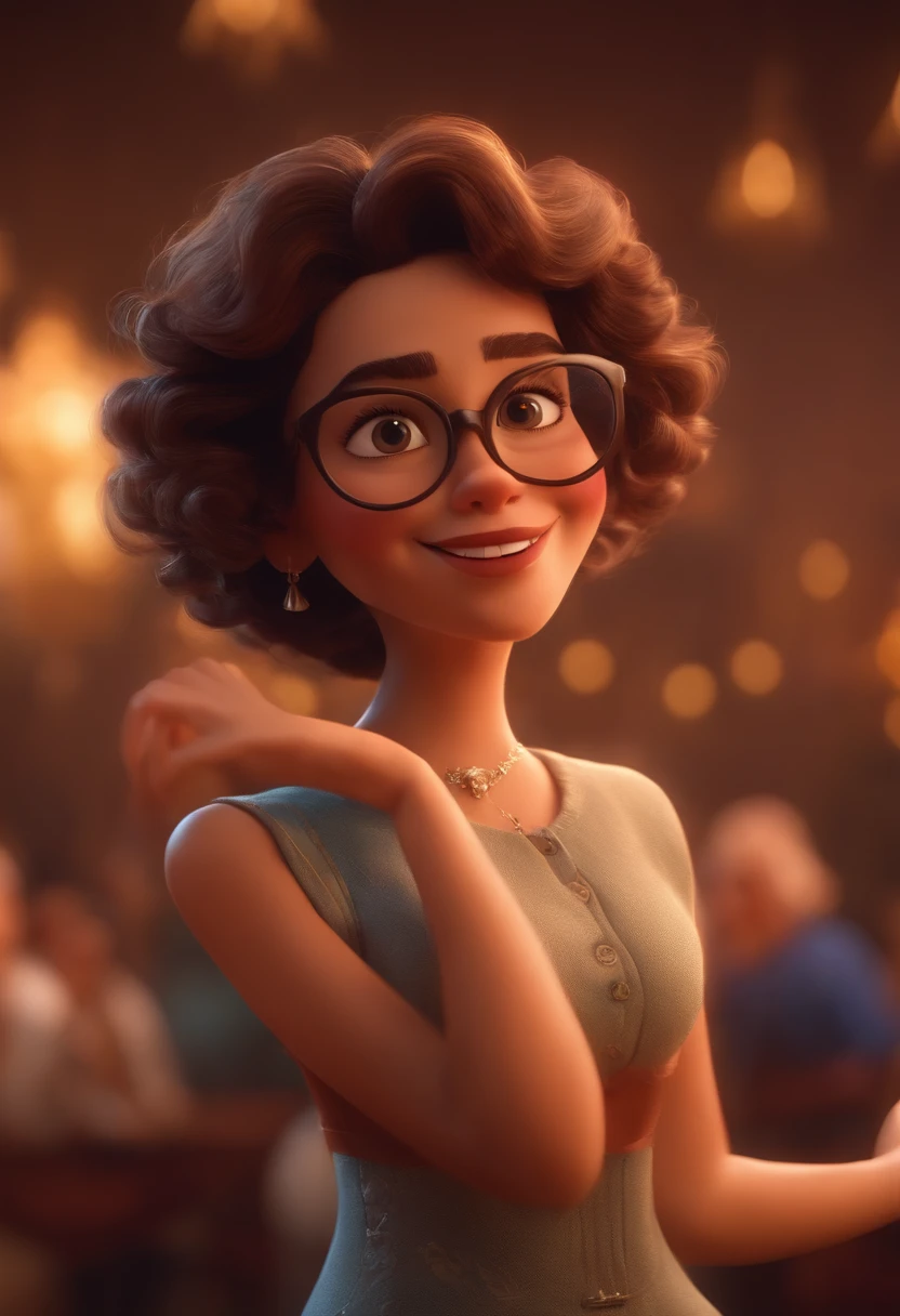 Pixar style image with 3D character white glasses brunette woman short curly hair dancing, Maquiagem Disney,Pescador, bonitinho, sorridente ,Close-up, Pixar, Disney, Cinema lighting,