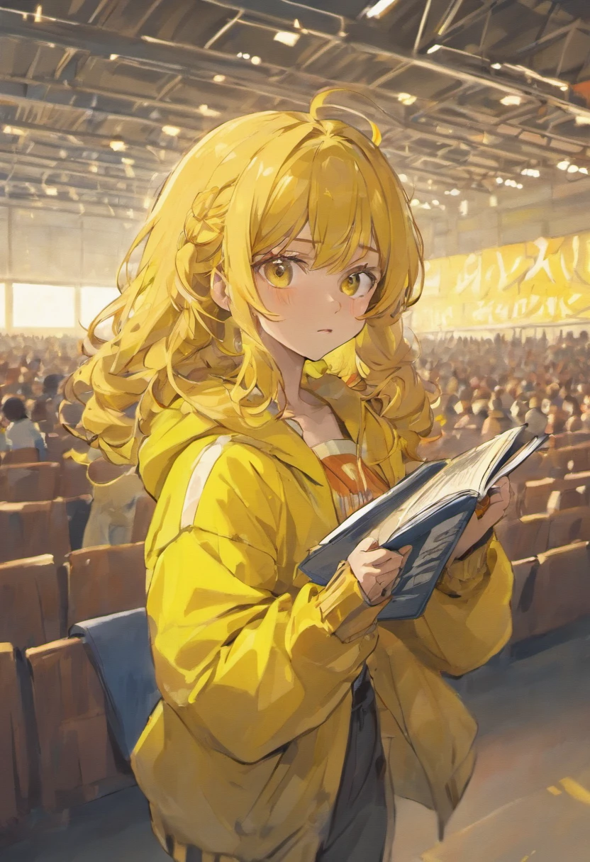 On the sports field, a yellow-skinned, long, curly-haired, freckle-prone girl jumped up in sportswear and held an English book in one hand,Thick coat,The light and shadow are intense