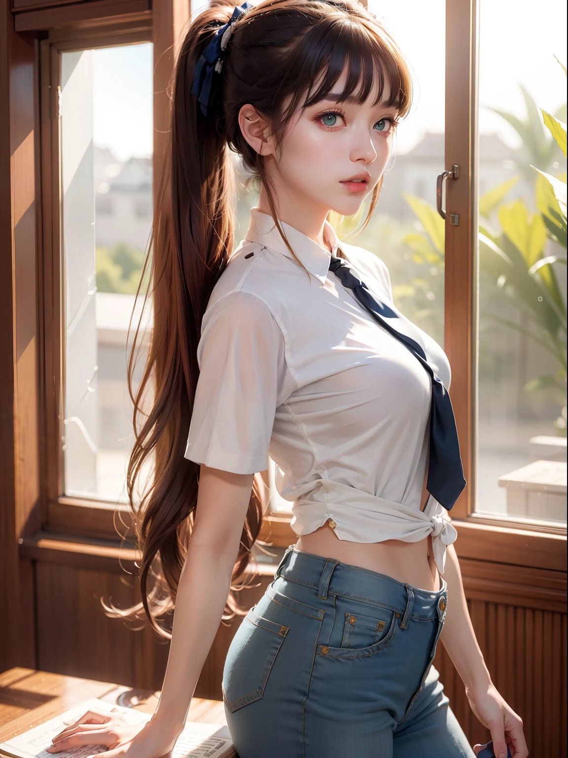((Masterpiece,Best quality, high resolution)), 1girll, Solo, Green eyes, long whitr hair,Golden ponytail,Tie it with a blue ribbon, Blunt bangs, ,school uniform, white serafuku, Red sailor collar, Short sleeves, denim pant,(in library), Dramaticlight, beside the window, Afternoon light through the windows, mid afternoon, Bokeh effect