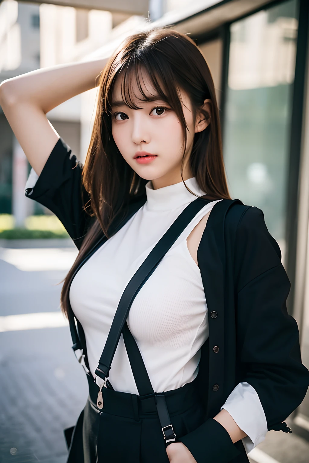masterpiece、flat-colors、depth of fields、lens flare 1 girl、、Brown hair、watching at viewers black suspenders large full breasts Armpit sweat perspiring Side of both hands walls: Black pants, Black jacket holster Leg holster Gaze Small face bangss suits Cutter shirt