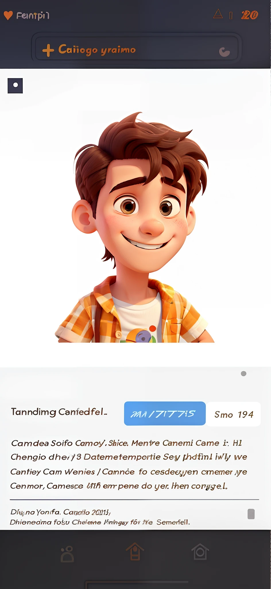 THERE'S A DRESSED BOY SMILING GIVING HI WITH HIS HANDS, VESTINDO UMA CAMISA LISTRADA BRANCA E LARANJA, and white sneakers, with a camera in hand, menino sorrindo. desenho animado pixar, Disney