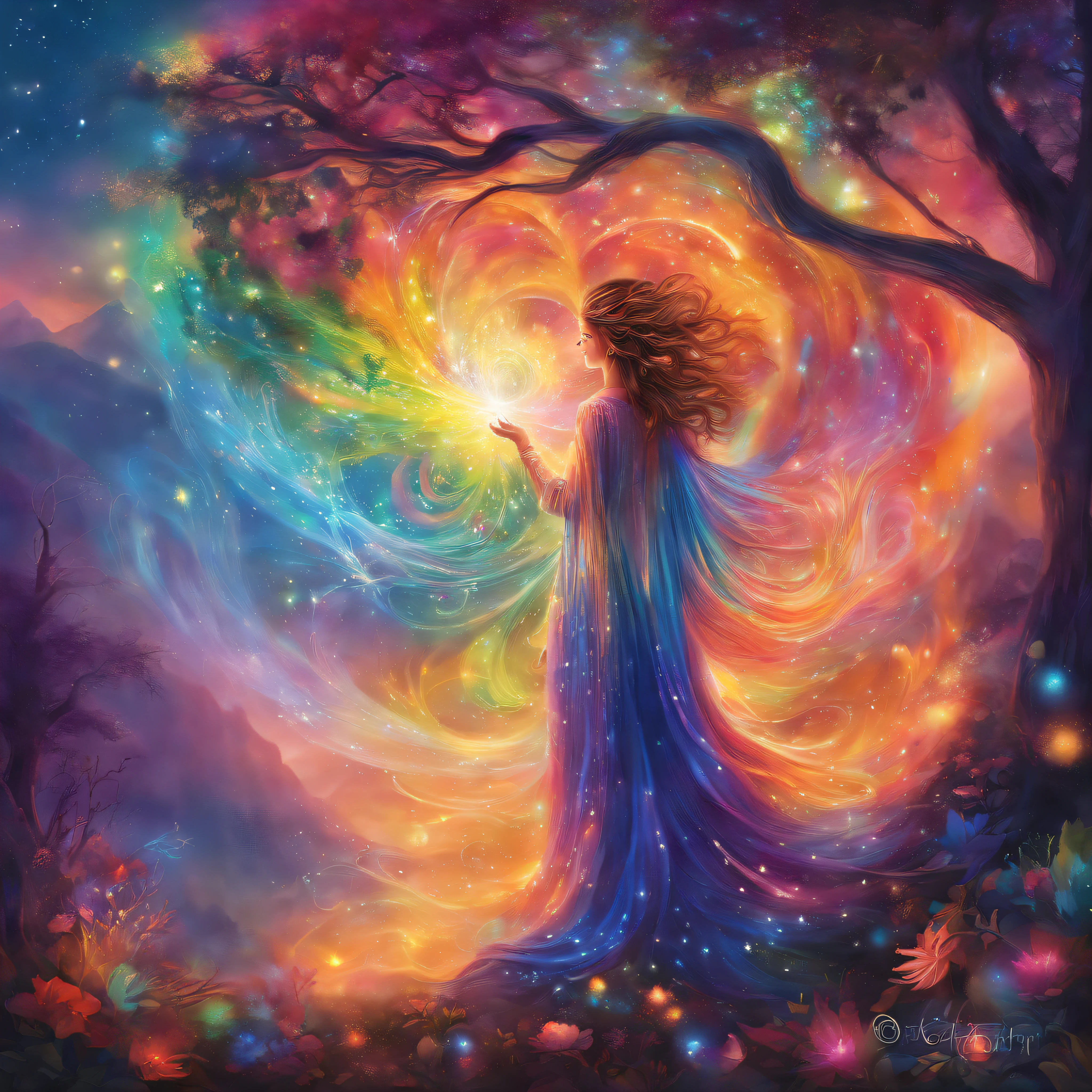 girl casting mystical glowing spells, fantasy rainbow forest, vibrant colors, ethereal lighting, detailed foliage, magical atmosphere, enchanting scenery, dreamlike ambiance, shimmering glow, flowing robes, wisps of magic, ethereal creatures, enchanted trees, sparkling streams, radiant energy, mystical symbols, surreal beauty, otherworldly landscape, swirling mist, enchantment in the air, spellbinding moment, mesmerizing spectacle, ethereal essence, magical incantation, mystical aura, bewitching charm, spellbound onlookers, transcendent experience, magical vortex, hidden secrets, whimsical creatures, vibrant enchantment, enchanted atmosphere, ethereal melodies, radiant beams of light, otherworldly colors, mesmerizing movements, joyous celebration in nature, enchanting nymphs, supernatural power, pulsating energy, captivating spells, fantastical realm, transcendental experience