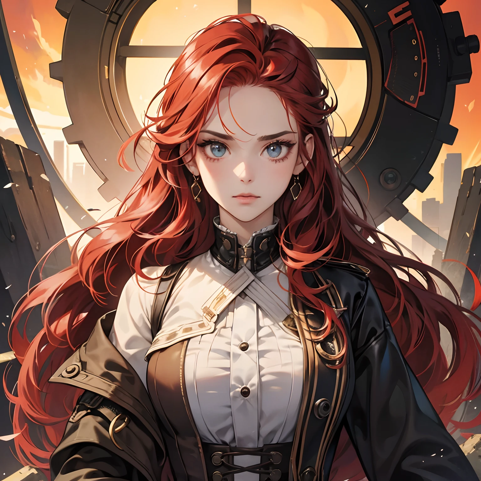 menina ruiva, olhos vermelhos, tattoo-like mark on forehead, roupa steampunk, close-up do rosto, Illustrations, alta qualidade, ultra-detalhado, vivid colors, Retratos, tons de cores quentes, soft lighting, long flowing red hair, goggles, espartilho de couro, Mechanical Accessories, Contexto industrial, intense expression