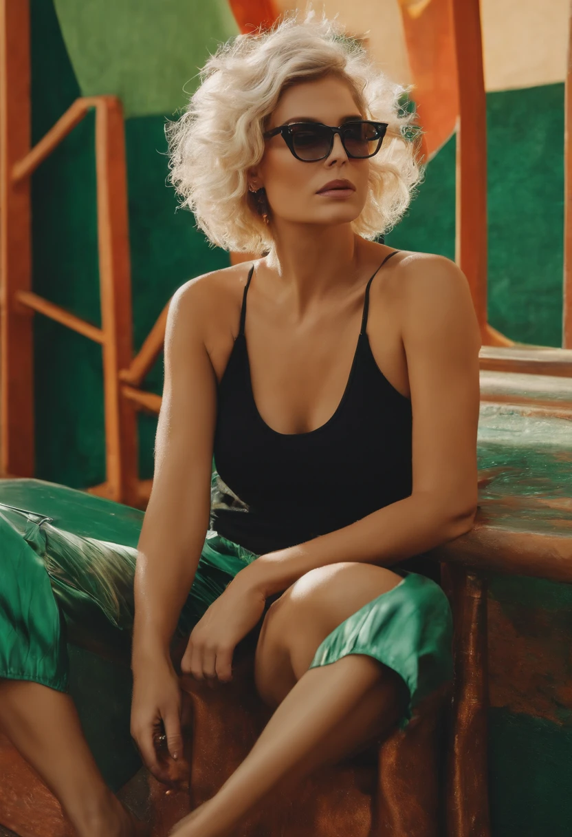 There's a woman in glasses and a black tank top, Directed by: mulher de 40 anos olhos verdes sorrindo