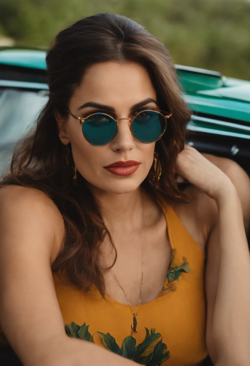 There's a woman in glasses and a black tank top, Directed by: mulher de 40 anos olhos verdes sorrindo