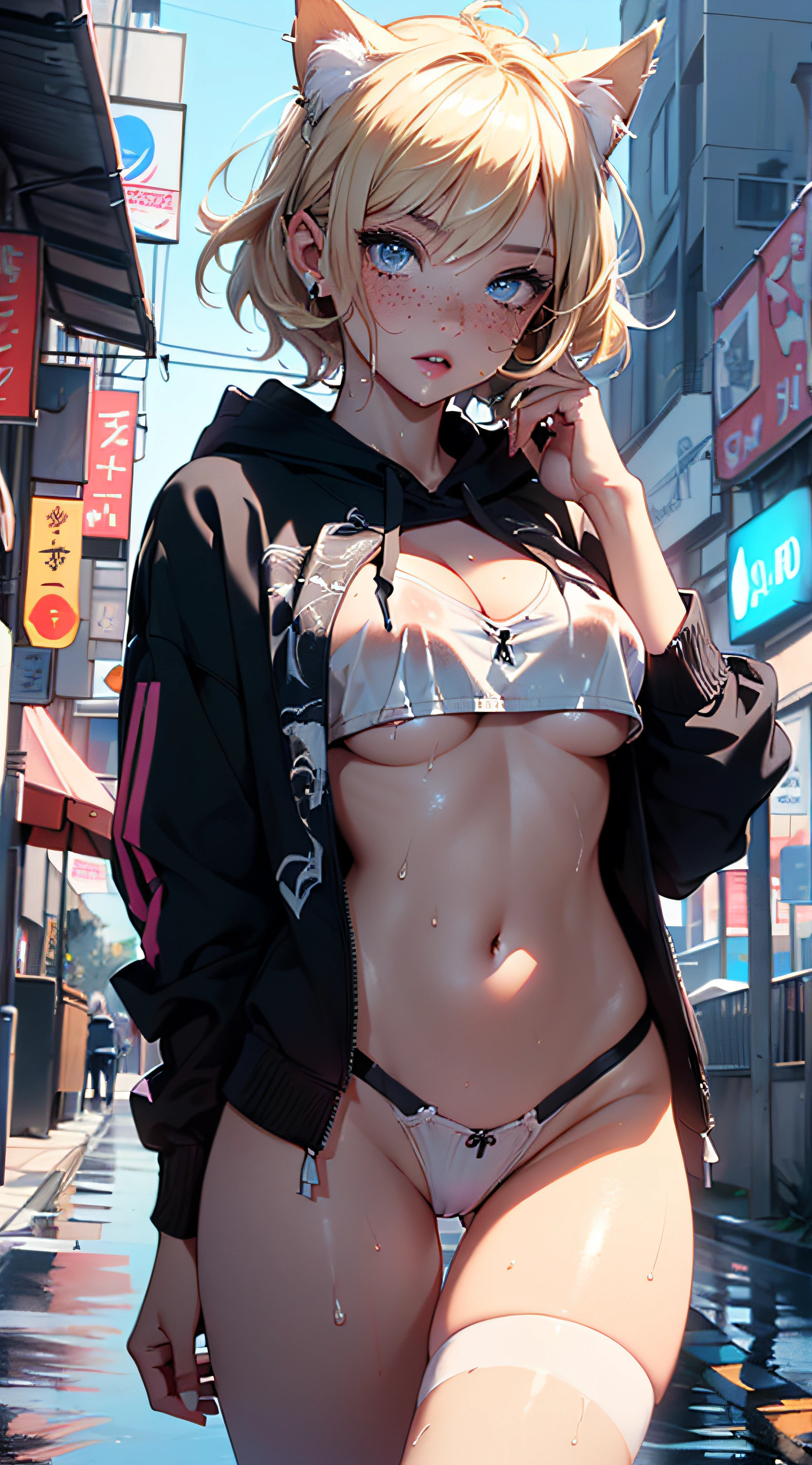 girl spacepunk,(((1girl))),((beautiful girl with cute cat ears)), cute little cat ,(((little lolill tiny body,petite, chibi)))(((flat chest))) ((blonde hair, blonde messy hair, white inner hair, short hair:1.5, unkempt hair:1.35,short blonde hair,ear breathing,intricate cut hair)),((((cat ears,cat ears on head,big cat ears)))),(((blue_eyes:1.3))),intricate eyes,beautiful detailed eyes,symmetrical eyes,(((small freckles on the face,small freckles,small freckled girl)))(((lustrous skin:1.5,bright skin: 1.5,skin tanned,shiny skin,very shiny skin,shiny body,plastic glitter skin,exaggerated shiny skin,illuminated skin,wet legs))),(spider lower abdomen,narrow waist,wide hip,athletic body,inflated legs,detailed body,(detailed face)), cute,slutty,seductive,erotic,(((nsfw))), zettai ryouiki,revealing clothing,show skin,((((underboob)))),((cleavage)),(semi-naked,with little clothing,((tiny thong, armor thong intricate)),large sport socks,visible thong straps,no bra),((((crop top hoodie,cropped hoodie,hoodie,hoodie intricate)))),(((wet clothes,intricate outfit,intricate clothes))), (dynamic pose:1.0),solo focus,embarrassed,(centered,scale to fit dimensions,Rule of thirds), pose focus on butt, focus on waist cyberpunk city by the ocean at night, with bright neon signs and dark stormy clouds and puddles, scenery:1.25,nighttime, starry night, cosmos, artistic photography,(photography taken by sldr),highres, sharp focus, (ultra detailed, extremely detailed), (photorealistic artwork:1.37),(extremely detailed CG unity 8k wallpaper),((synthwave background theme)),(((vibrant colors))),(intricate background),(masterpiece),(best quality),