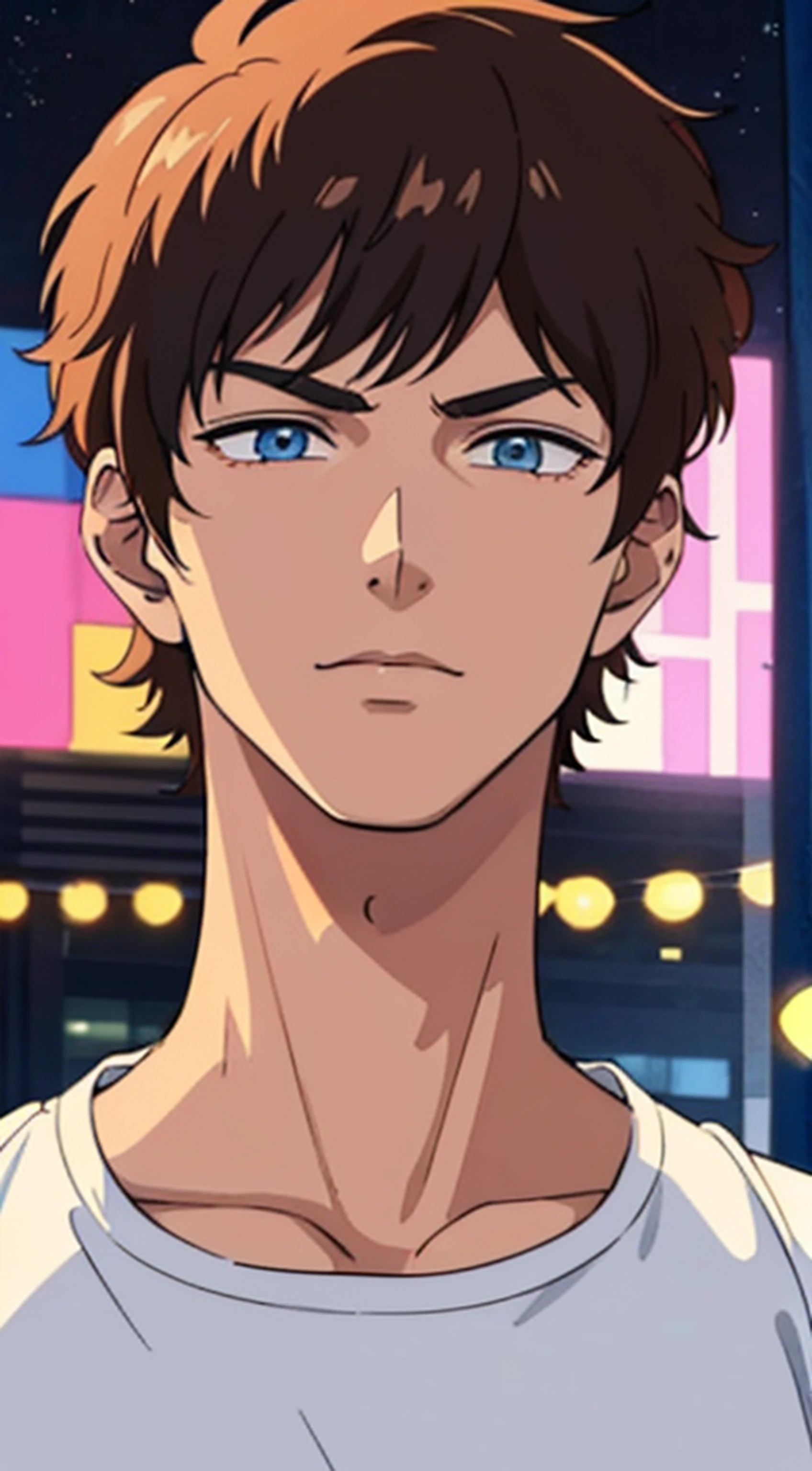 masterpiece, best quality, 2.5D anime, ultra high detailed,full-color, 1 boy, anime style, portrait shot of a handsome 26 year old male, his name is leo skywalker, in the busy city, evening, city nightlights, the man is very handsome, his face has perfect ratio, detailed face, very short hair, he is wearing sweatshirt, big beautiful yet masculine eyes, detailed eyes, he is shy, the lines are very thin, High image quality. 4K, The ultra -The high-definition, the lines are ultra-thin, the lines are thin, stunning background, very very thin outlines