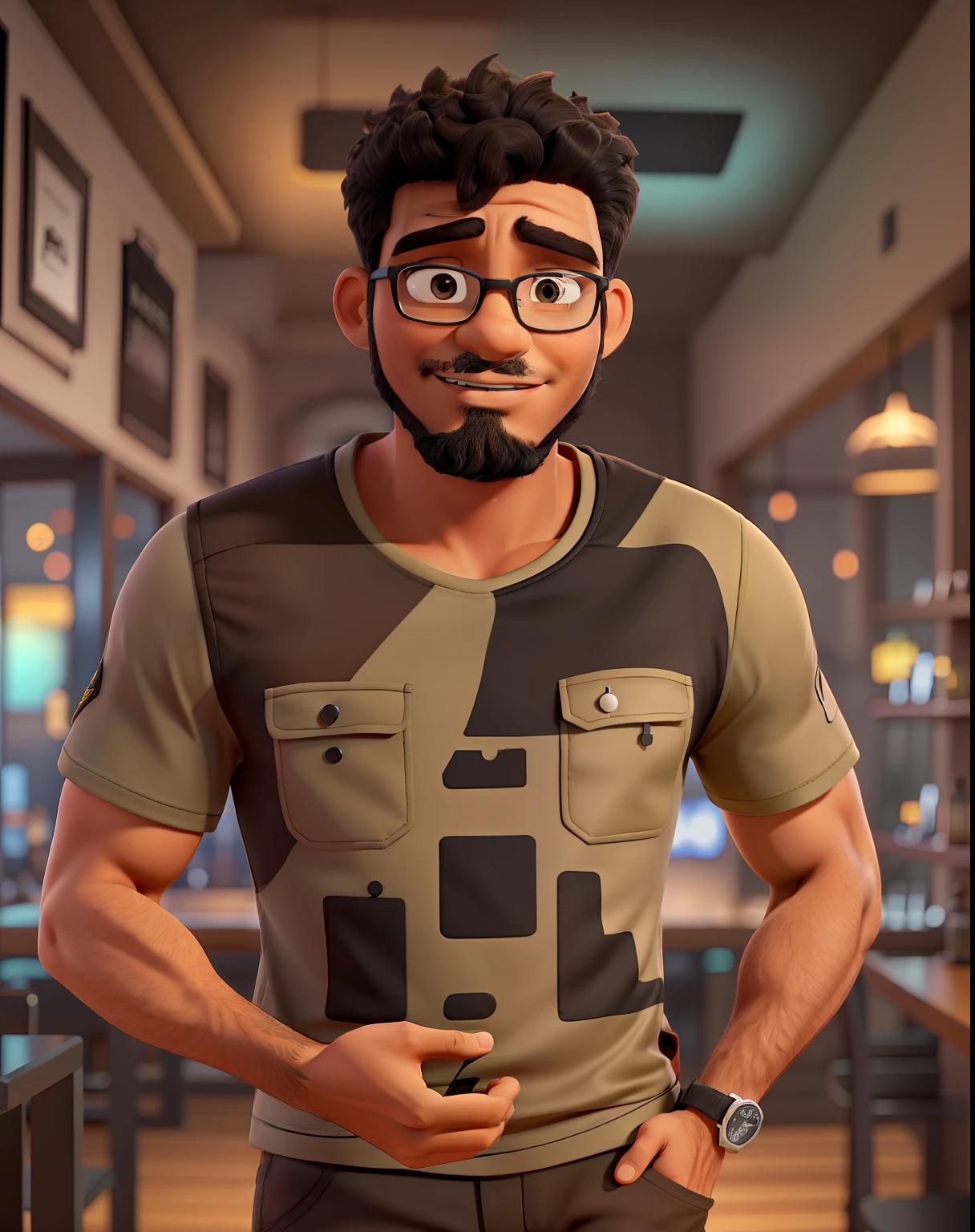 homem negro com barba grisalha, altura mediana, Khaki brown shorts and black t-shirt posing with hand in pocket and holding glass in nightclub environment