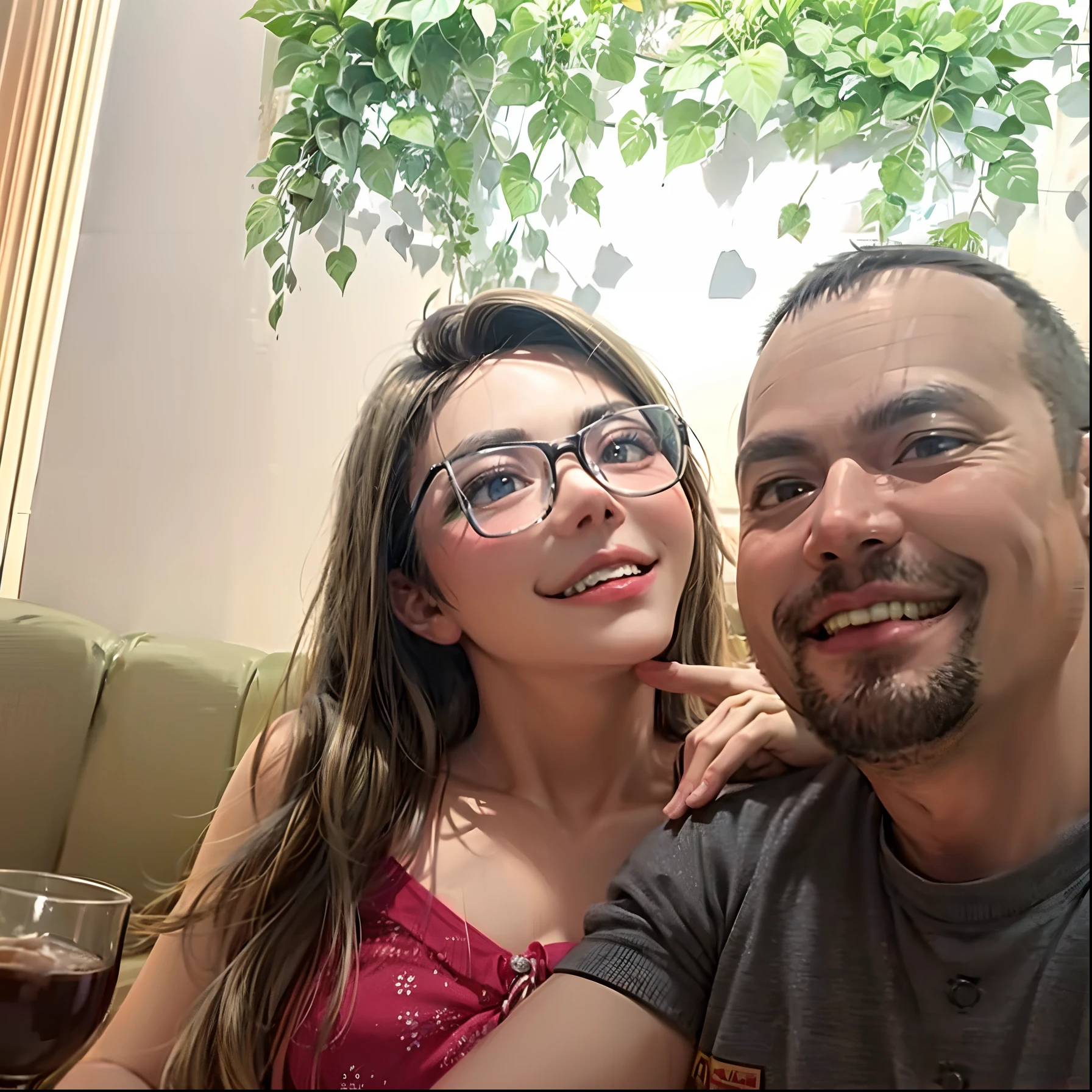 hay dos personas sentadas en una silla roja tomando una foto, pareja adorable, imagen de perfil, foto de perfil, pareja feliz, 40-year-old woman, 42-year-old man, imagen de muy buena calidad, selfie enamorados, foto realista