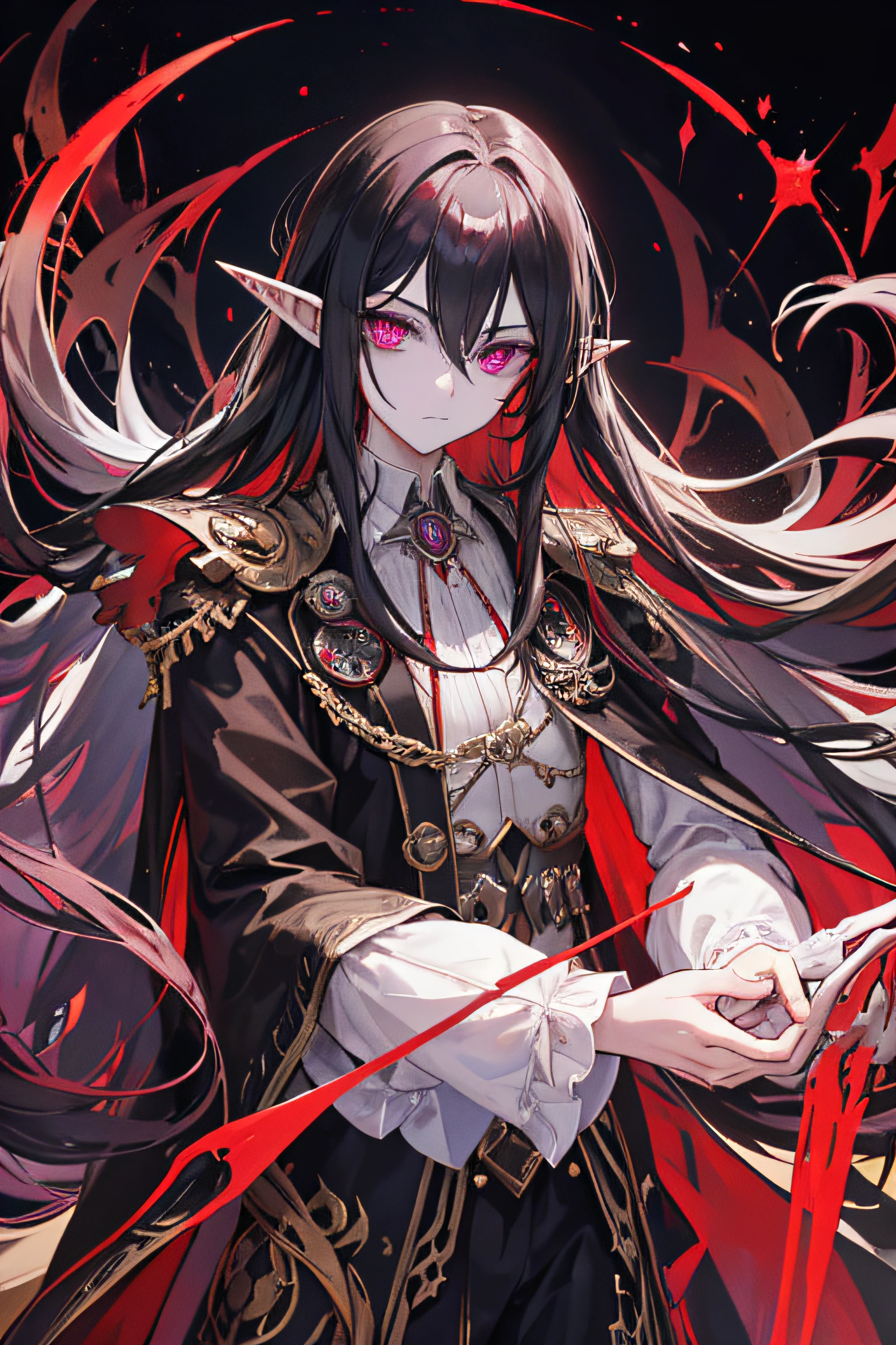 Long haired Pale elf, Red and gold gothic steampunk clothes, Androginous fugure, Doctor, Regal, Intelectual, black haired, Glowing sinister purple eyes.(Male) (Black sclera), White ((Scales)) under eyes, ((gills on neck)) ((Amphibious)), Solo, In an old dark laboratory