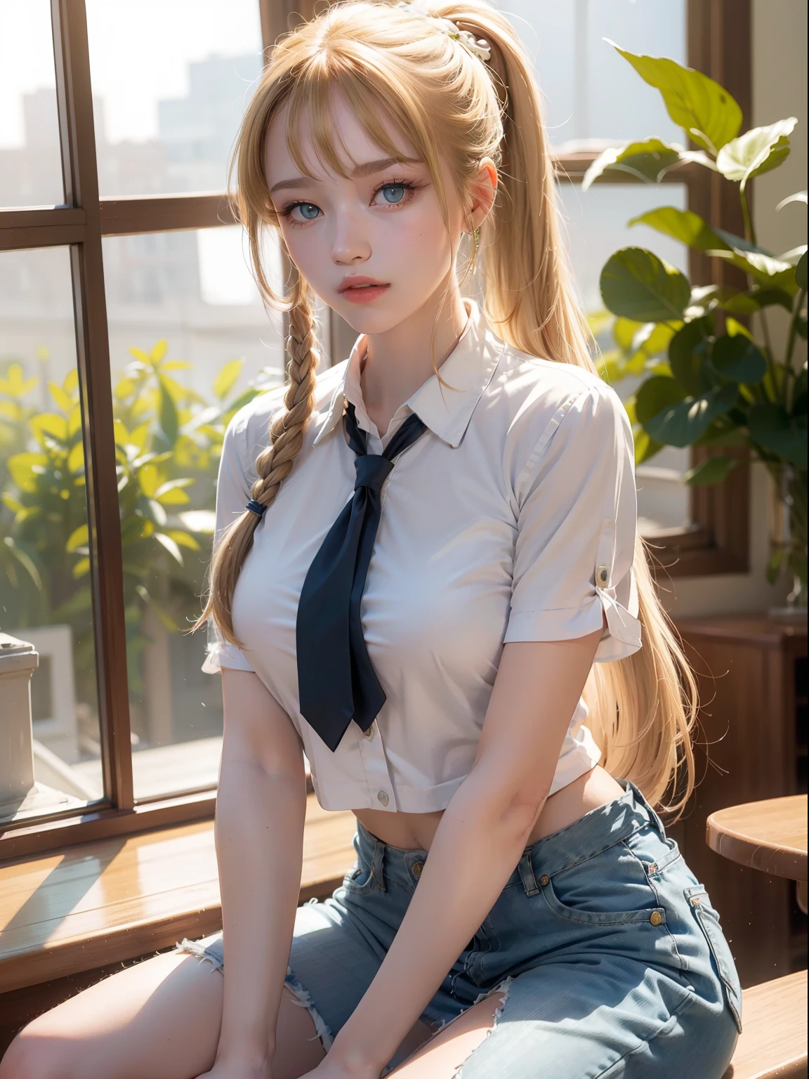 (beautiful blonde, dark blue and beautiful eyes, small, 18 years old, thin waist, pigtails, thick braid, happy), sitting, model pose, background in café, uniform, snap, (masterpiece), ((highest quality)), (super detailed), girl, clean and detailed face, five fingers, textile shading, perfect human structure, perfect anatomy,