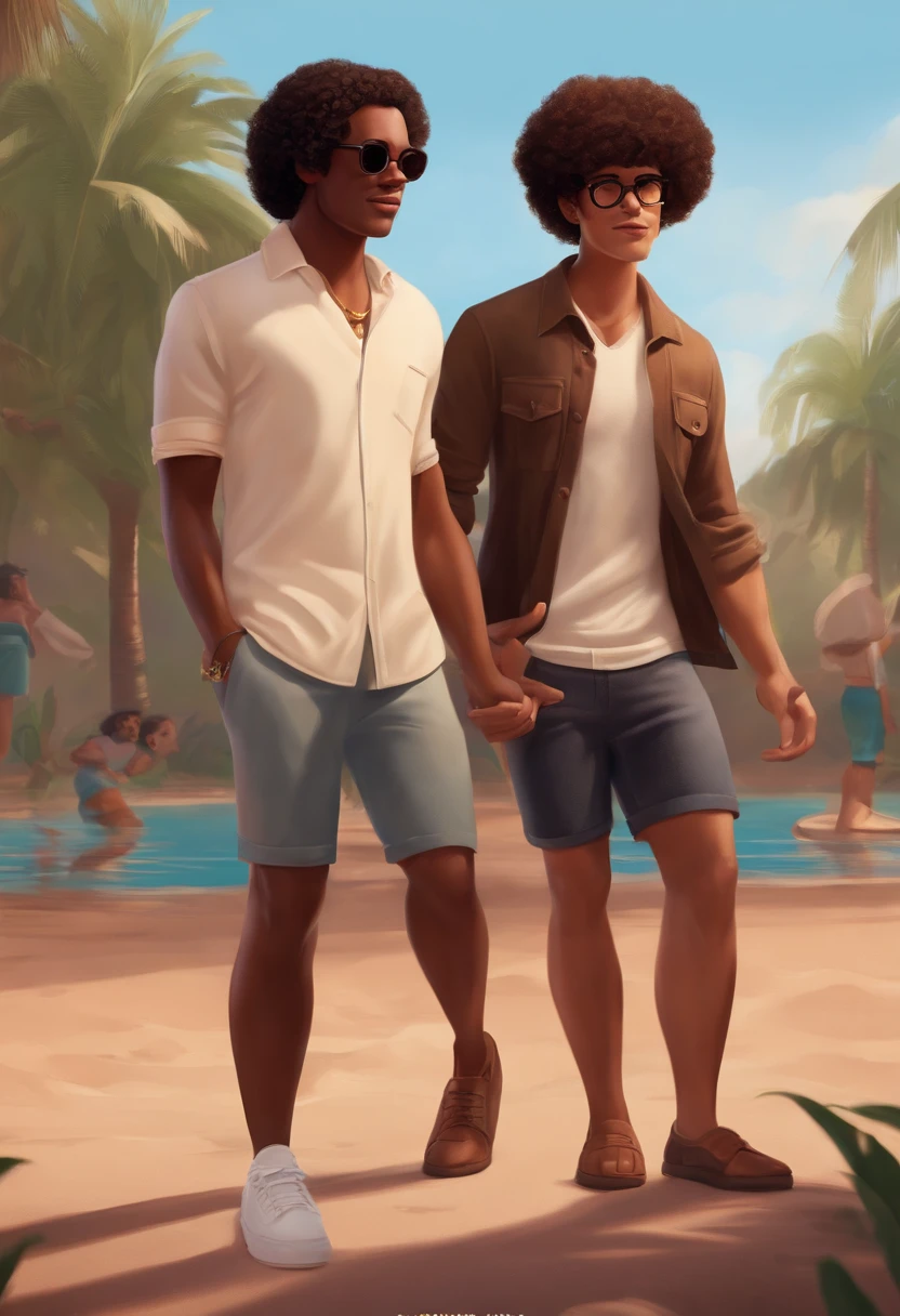 Create a Disney-Pixar-style poster,Couple of two men, White skin of the,curly dark hair, with brown eye, black shirt. The other man wears shorts, short afro hair, dark-skin, Round glasses black