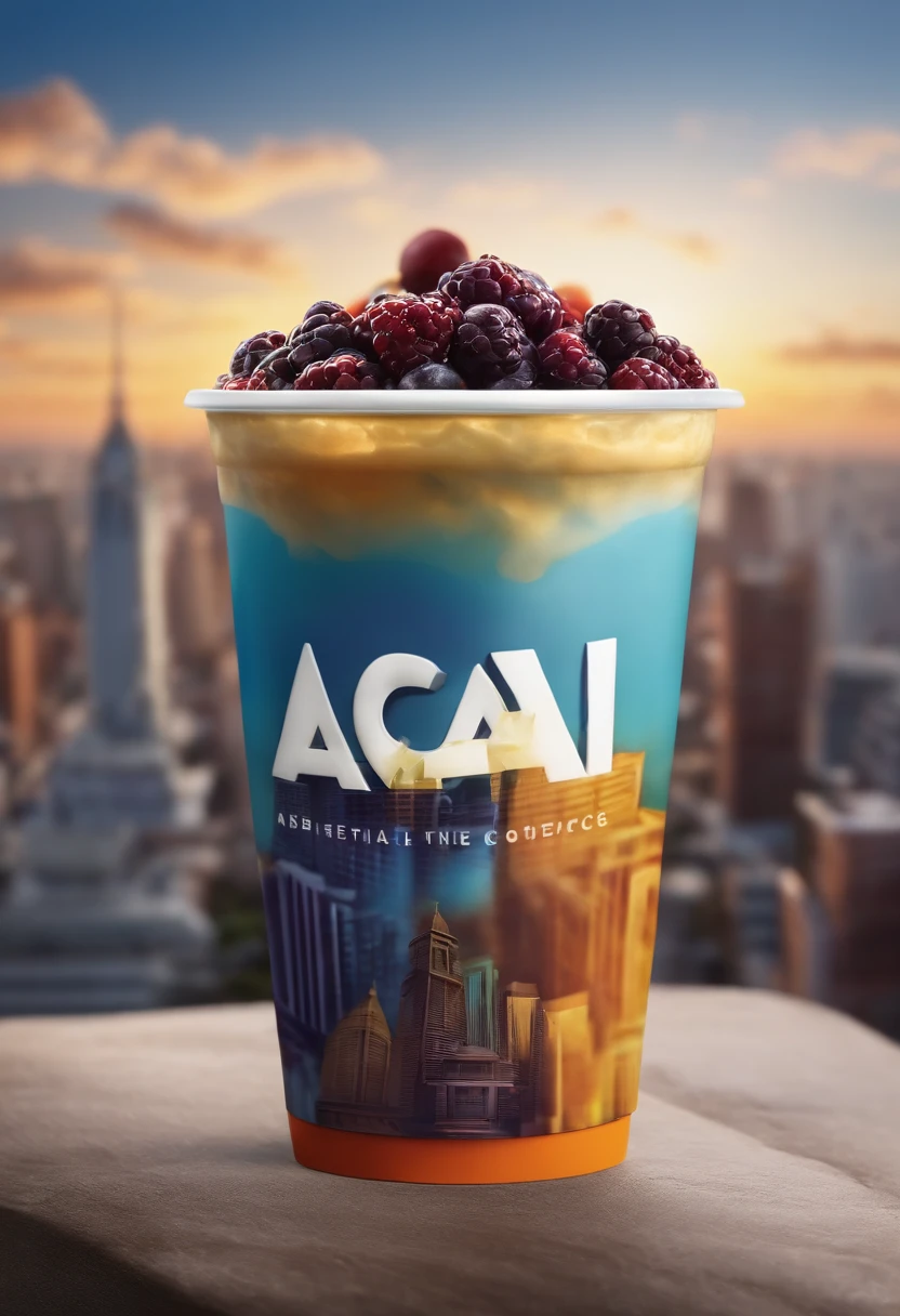 3d logo on a plastic cup with the name "Açaí from the Northeast " At the top of a city with buildings on a meda with many people looking