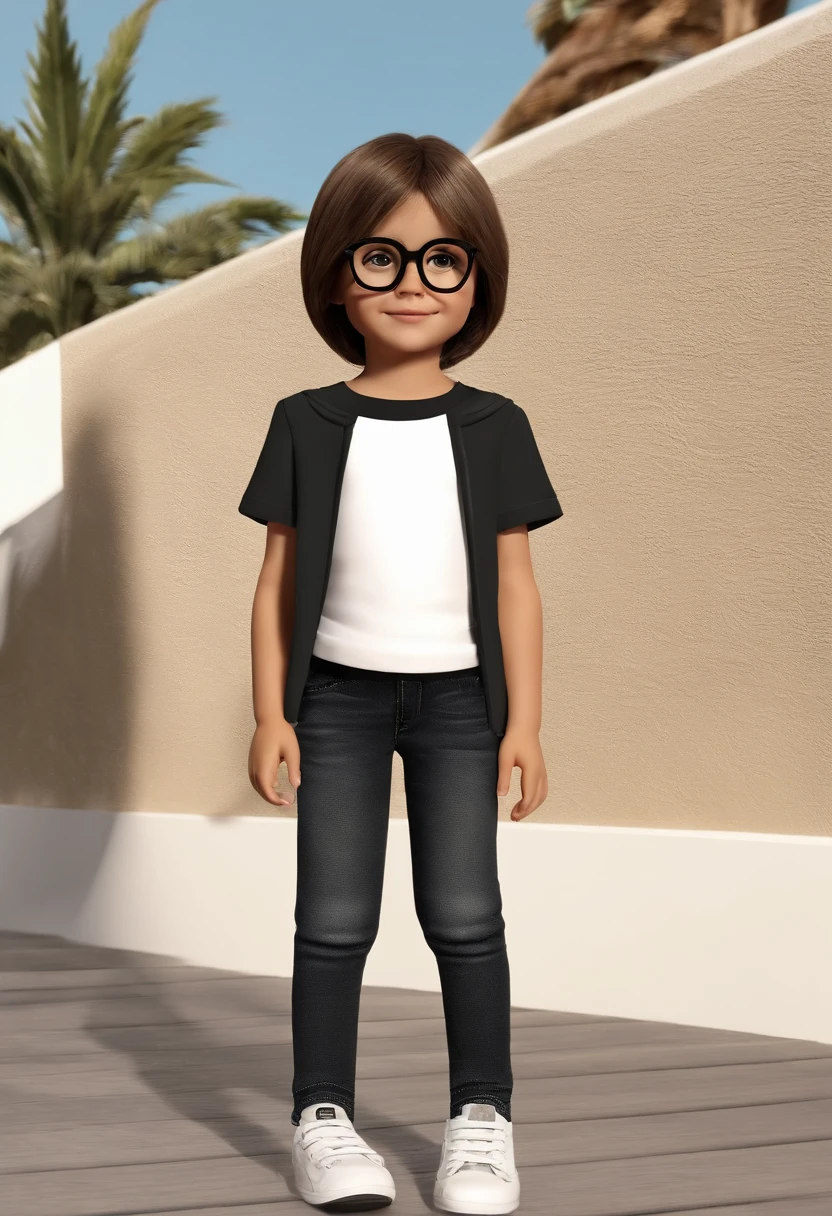 A beautiful child with straight hair in black color, com franja, Olhos castanhos, bespectacled, wearing jeans, Black Allstar sneakers and white t-shirt, sorrindo , fundo branco, barnet, Tom, Estilo Pixar, ....3d, desenhos animados, rosto detalhado, asymmetrical 16k