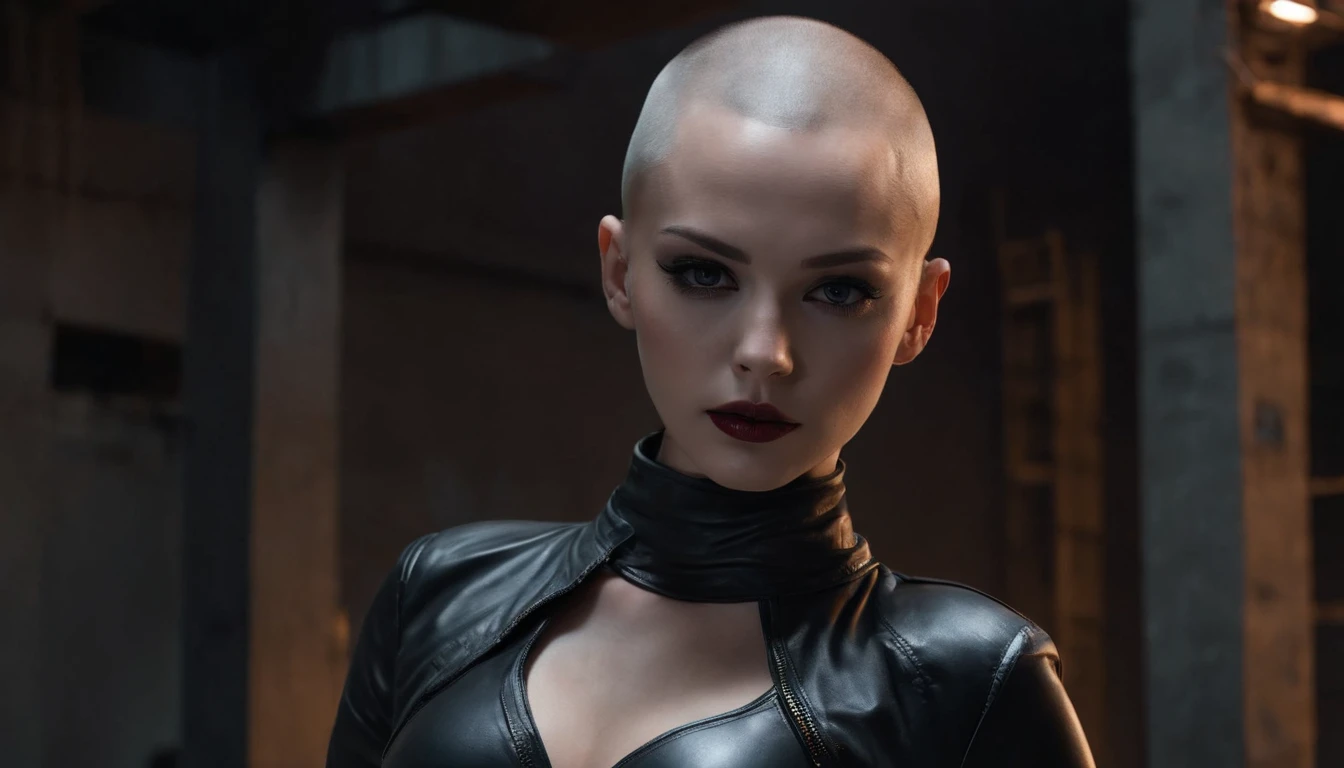 Shaved head woman dressed in leather leotard posing for a photo in an abandoned factory at night, black make-up, industrial fashion, techno fashion, industrial aesthetic, dark techno, dark atmosphere, ultra detailed, photorealistic, masterpiece.