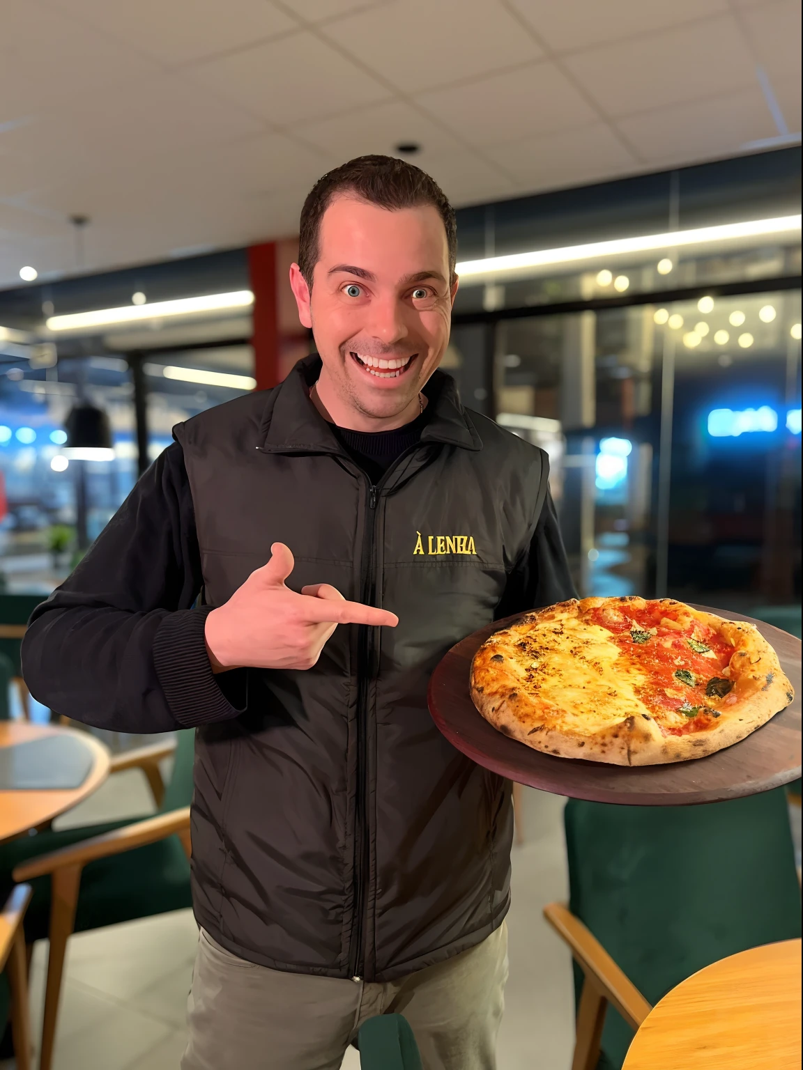 homem sorridente segurando uma pizza em um prato em um restaurante, segurando uma pizza, apresentando uma pizza grande, segurando pizza, apresentando pizza, 🥥 🍕 Hibrido, segurando uma pizza grande!!!, Pizza Cosmos, a pizza tem um grande cornicione, A torre inclinada da pizza, pizza!, comer uma pizza, pizza, mastigando pizza, pizza is everywhere, delicioso