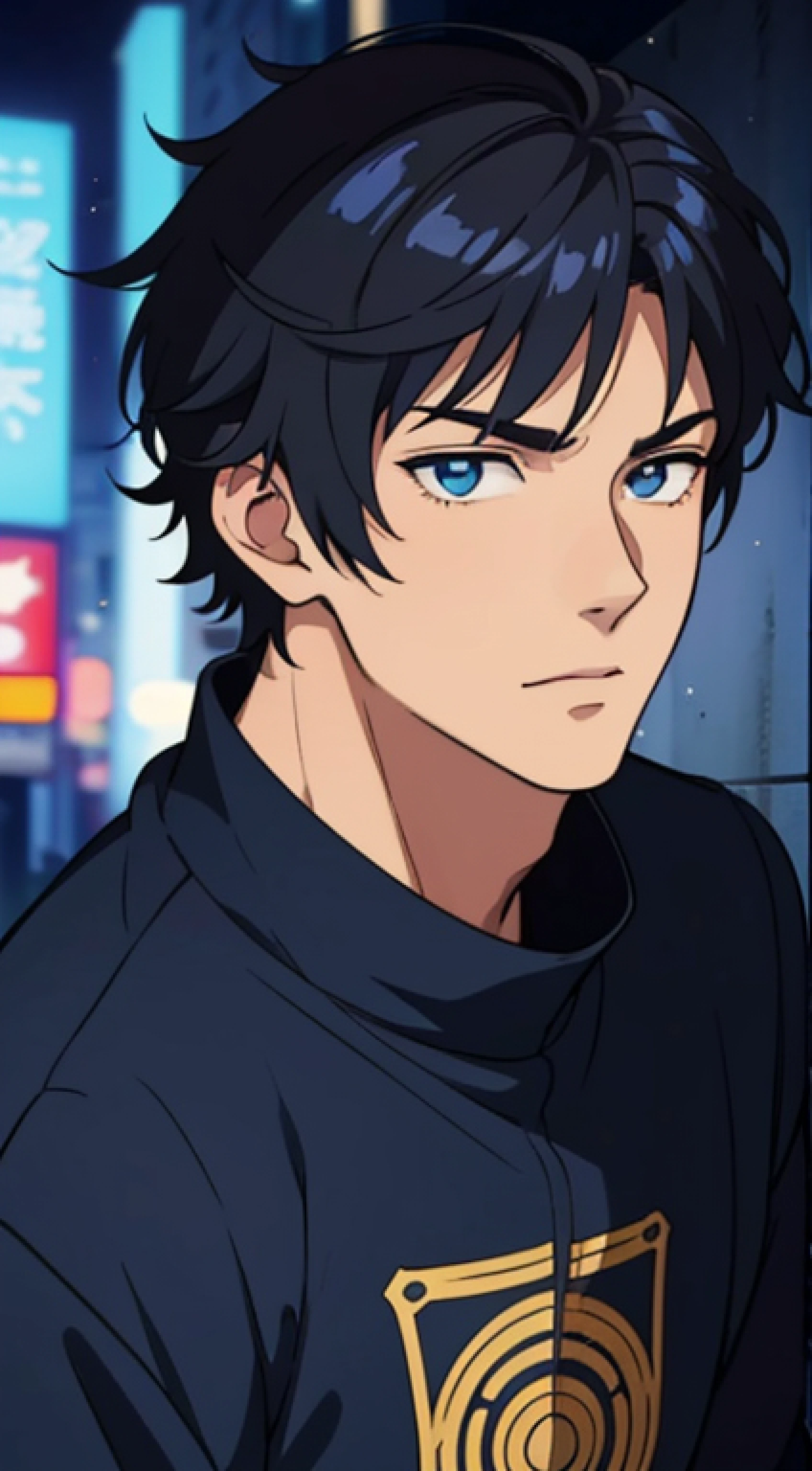masterpiece, best quality, 2.5D anime, ultra high detailed,full-color, 1 boy, anime style, portrait shot of a handsome 26 year old male, his name is leo skywalker, in the busy city, evening, city nightlights, the man is very handsome, his face has perfect ratio, detailed face, very short hair, he is wearing sweatshirt, big beautiful yet masculine eyes, detailed eyes, he is shy, the lines are very thin, High image quality. 4K, The ultra -The high-definition, the lines are ultra-thin, the lines are thin, stunning background, very very thin outlines