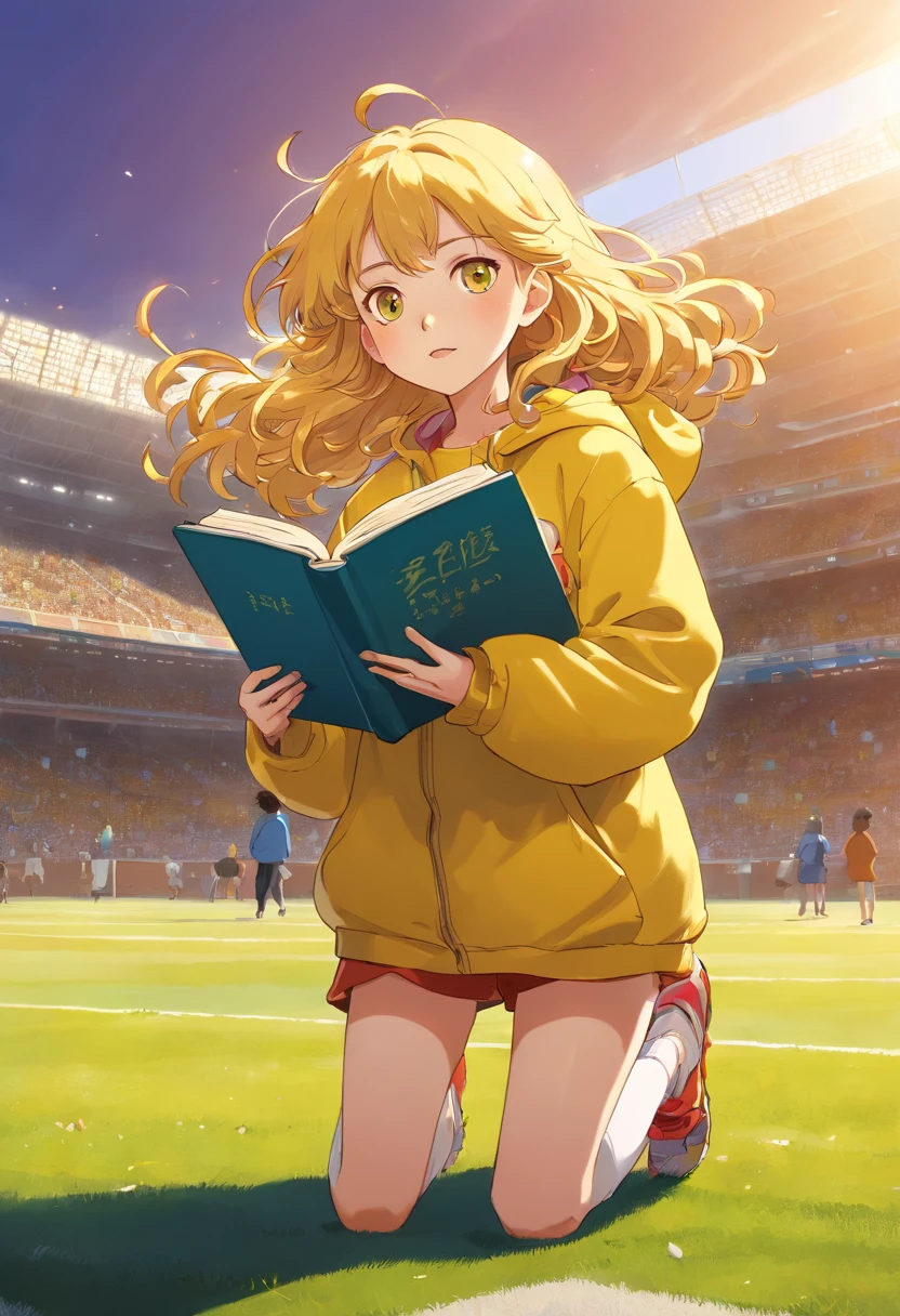 On the sports field, a yellow-skinned, long, curly-haired, freckle-prone girl jumped up in sportswear and held an English book in one hand,Thick coat,The light and shadow are intense