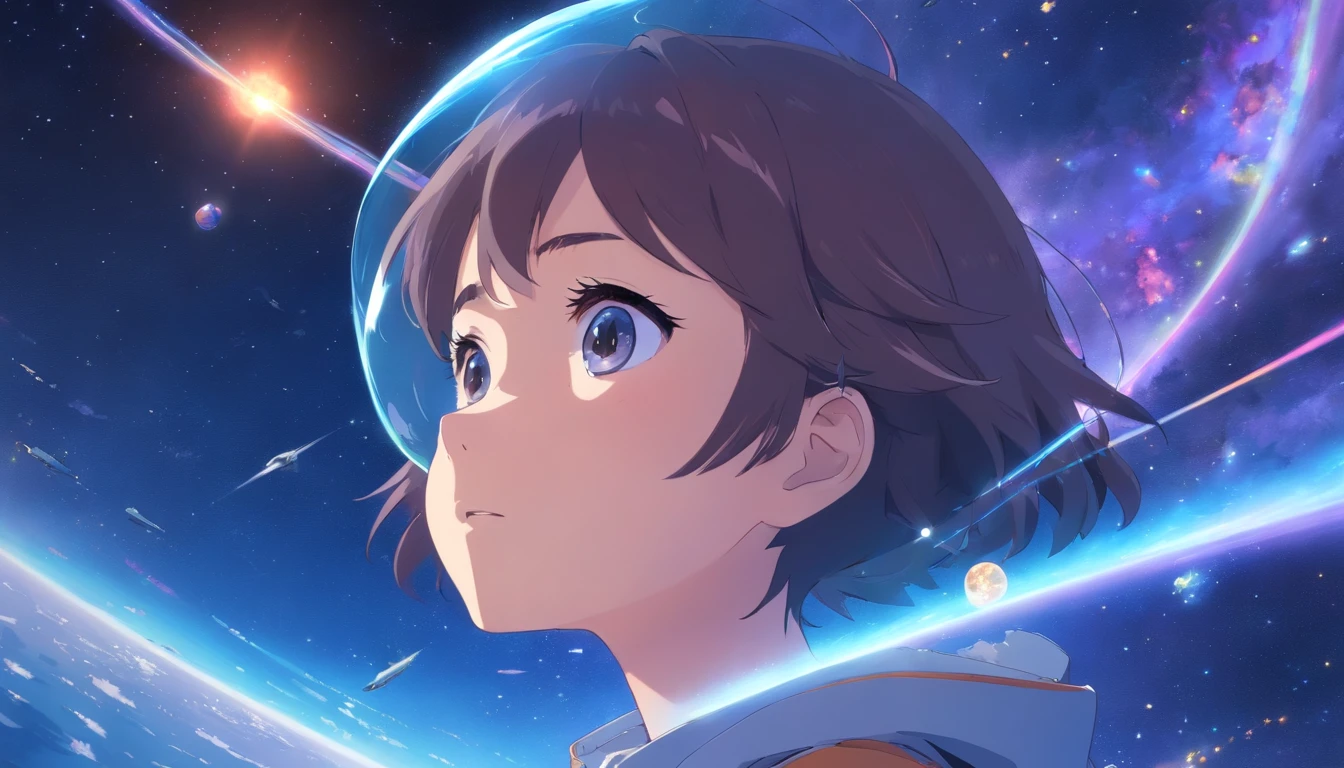 Anime Girl in space with text stop overthiking, dreamy psychedelic anime, esmagador, Elogio Artstyle, aesthetic award winning anime, Arte no estilo de Guweiz, arte em alta de anime, Transbordando, portrait anime space cadet girl, anime asthetic, anime inspiration, Arrogante, pixiv trending, anime aesthetic, ( ( Makoto Shinkai ) )