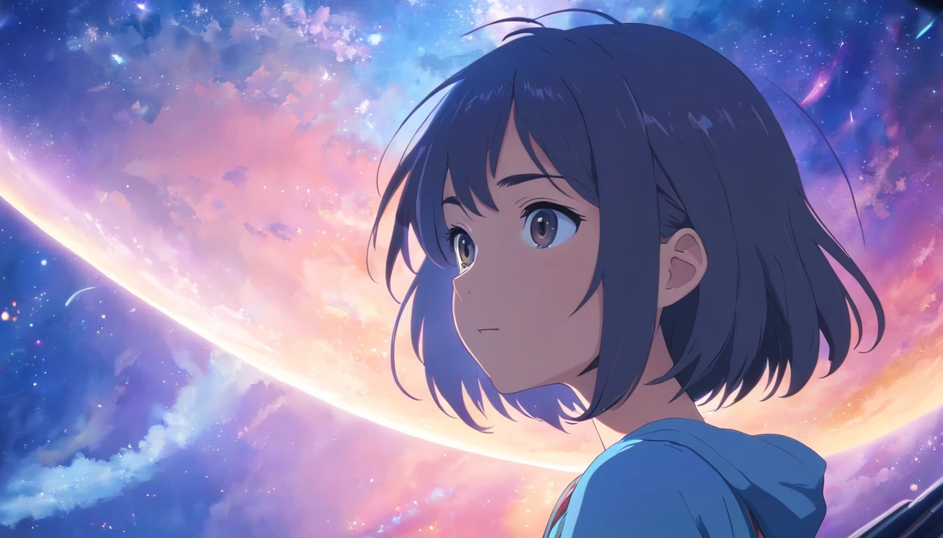 Anime Girl in space with text stop overthiking, dreamy psychedelic anime, esmagador, Elogio Artstyle, aesthetic award winning anime, Arte no estilo de Guweiz, arte em alta de anime, Transbordando, portrait anime space cadet girl, anime asthetic, anime inspiration, Arrogante, pixiv trending, anime aesthetic, ( ( Makoto Shinkai ) )