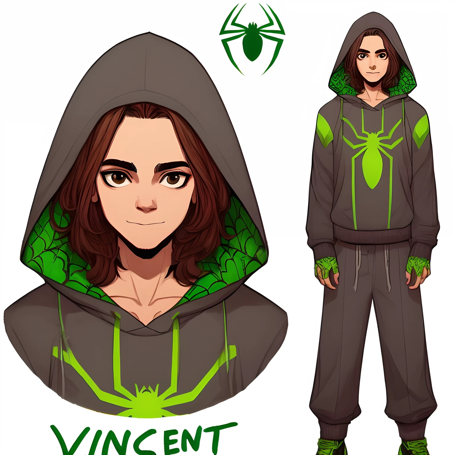 um desenho de desenho animado de uma pessoa em um capuz com uma aranha - rosto de homem, vibrant fan art, spider - estilo de arte verso, fanart oficial, Fanart ", omen from valorant, arte conceitual oficial, simetria!! arte conceitual, viridescente, fanart detalhado, Directed by: Vincent Pepi, Vinny de Vinhinha, ( ( arte conceitual do personagem ) )