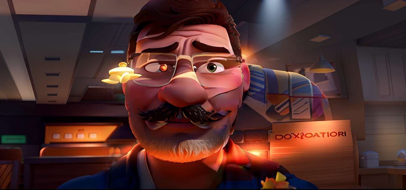 Poster no estilo Disney pixar, alta qualidade, melhor qualidade, homem sexy branco, 30 anos cabelo grisalho barba preta, musculoso, com fundo em um restaurante a luz de velas