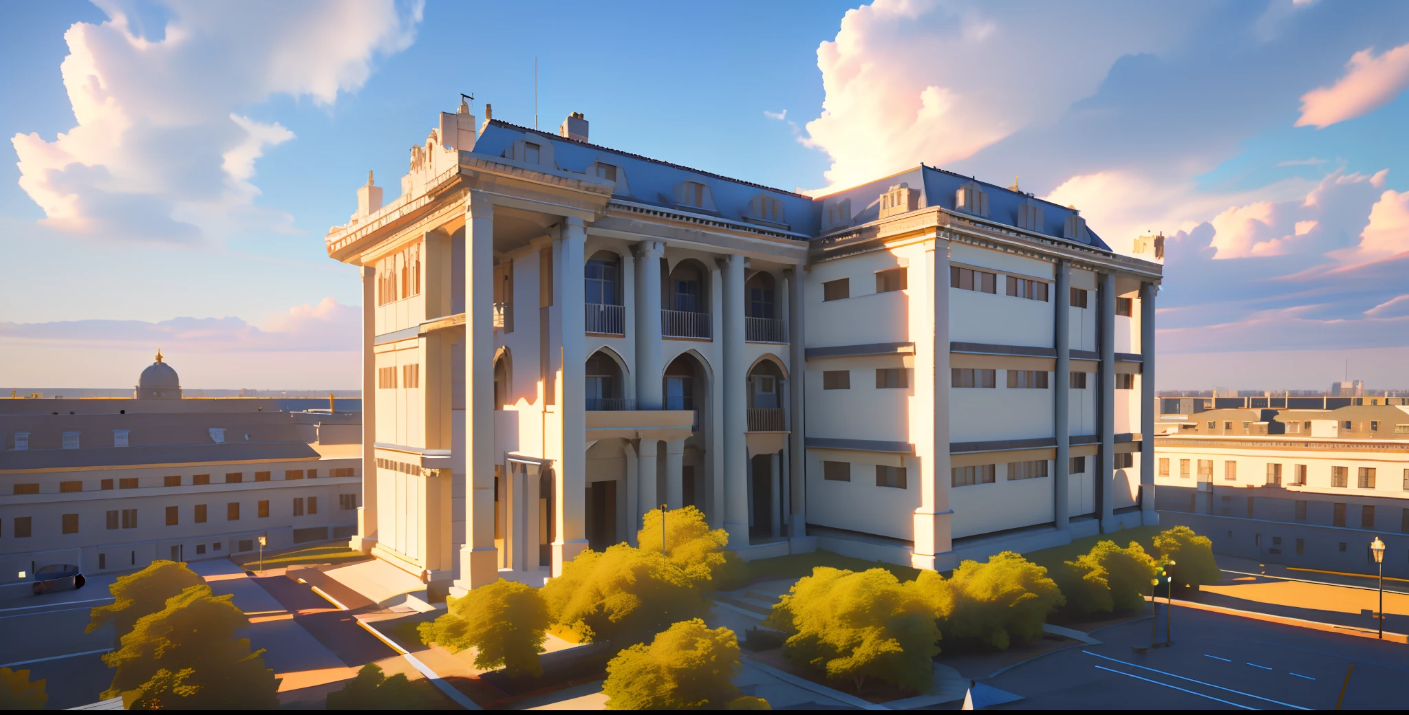 a rendering of a large white building with a lot of windows, neoclassical police station, architectural concept, building facing, office building, realistic building, neo - classical style, 3 d renders, rendered 3d model, architectural concepts, architectural render, architecture render, 3d final render, front view dramatic, architectural 3 d render, an extremely detailed building,red tile roof,blue sky,white clouds,yellow sunshine