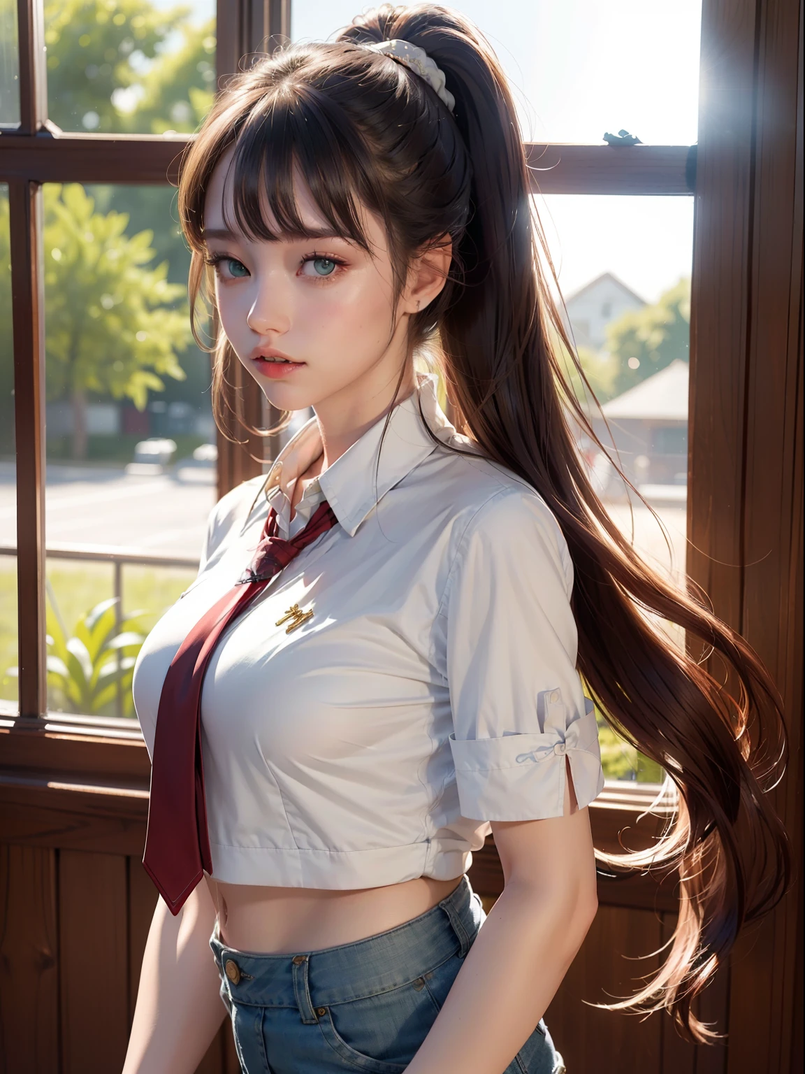 Araffe asian woman with long hair wearing a white shirt and tie - SeaArt AI