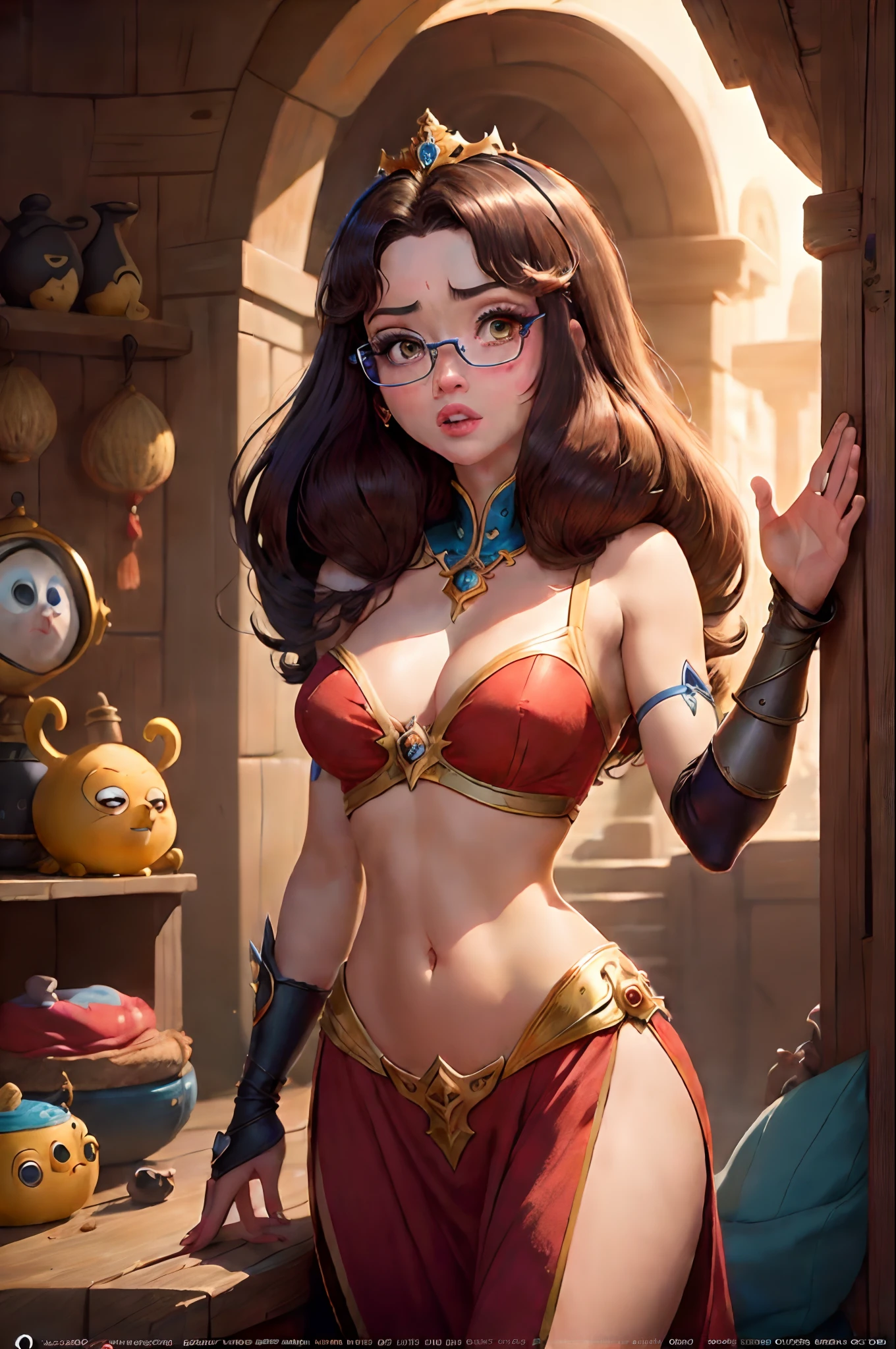 Pixar style movie poster with title Laís the Lost Princess. Cabelo castanho com mechas loiras, olhos castanhos, eyeglass, magra, pele clara. The scene should follow the Pixar-like art style, focusing on the expressions of the characters, cores vibrantes, Detailed textures and features of your animations.