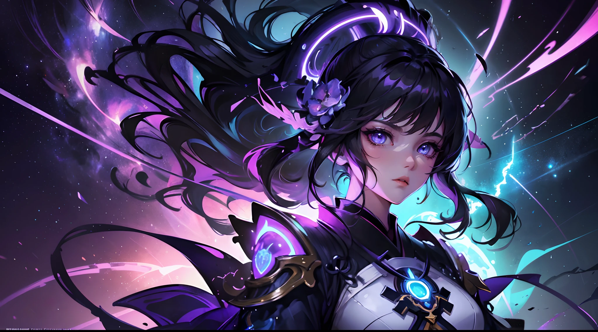 anime girl with neon sword and purple light in her hand, light saber, portrait knights of zodiac girl, extremely detailed artgerm, by Yang J, detailed digital anime art, artgerm detailed, astri lohne, cushart krenz key art feminine, ayaka genshin impact, black - haired mage, artgerm. anime illustration, trending artgerm, bright highlight, kimono, armor, hanfu, thunderstorm, electric spark