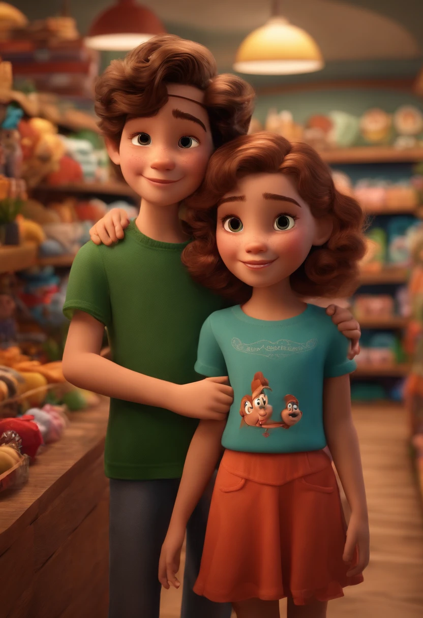 Boy with sign on cheek and girl medium hair wavy together in a children's clothing store, rotos detalhados 3d Disney pixar
