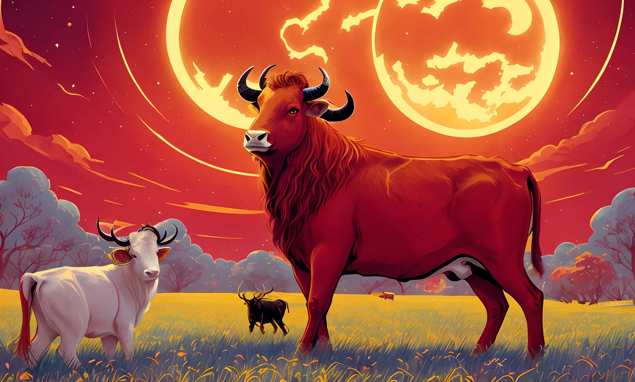 There is a red bull standing in the middle of a field, golden taurus, A cow, aries fiery ram tarot, Taurus, jen bartel, full-colour illustration, author：Jason Benjamin, red giant, taurus zodiac sign symbol, asura from chinese myth, author：Gwen Barnard, moon bull samurai, hyper bullish, an illustration of inspired by Victo Ngai, victo ngai style