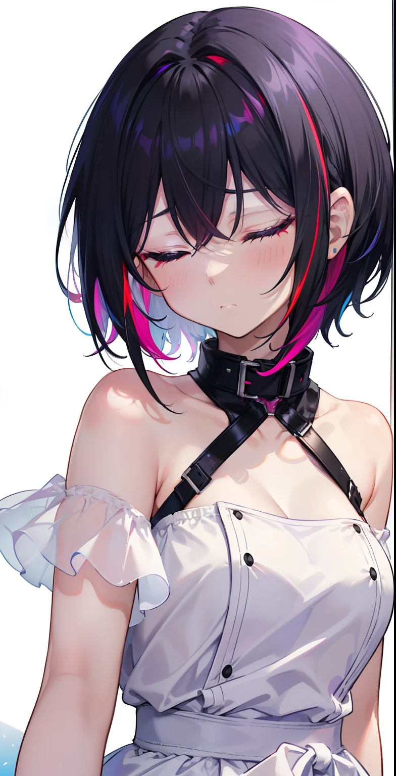 girl, close up, (detailed emotion), (depressed), (remorse), (regret), (closed eyes), (black hair:1.2), (short hair), (red gradient hair, blue gradient hair, purple gradient hair), (multicolor gradient hair), (all gradient down hair:1.3), (white dress), (black collar), (white background),