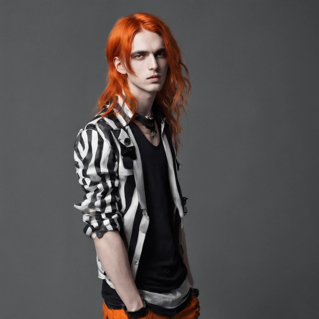 25 year old man, long hair, orange hair with black stripes, black eyes, punk style, plataform shoes, full body shot
