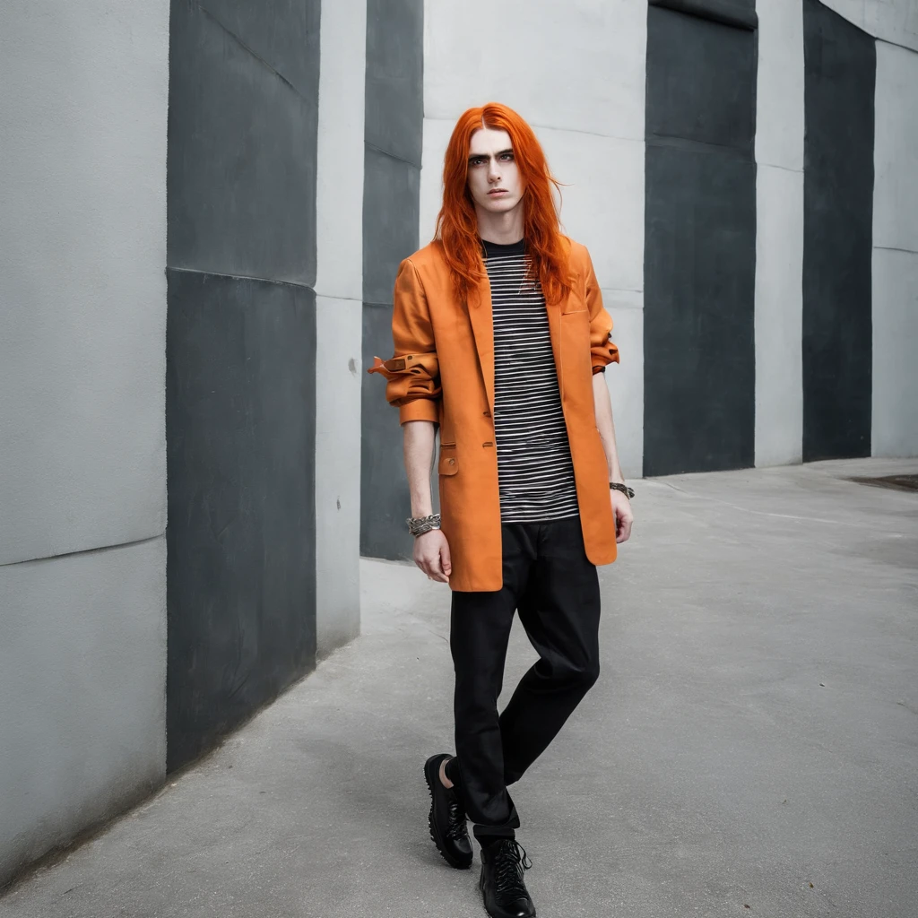 25 year old man, long hair, orange hair with black stripes, black eyes, punk style, plataform shoes, full body shot